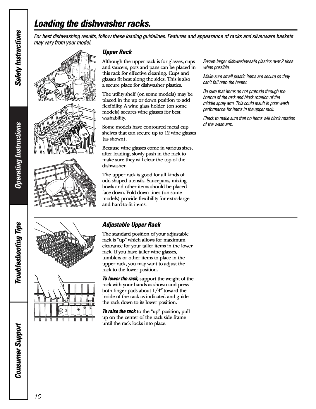 GE PDW8400 Series manual Adjustable Upper Rack, Safety, Operating Instructions, Troubleshooting Tips, Consumer Support 