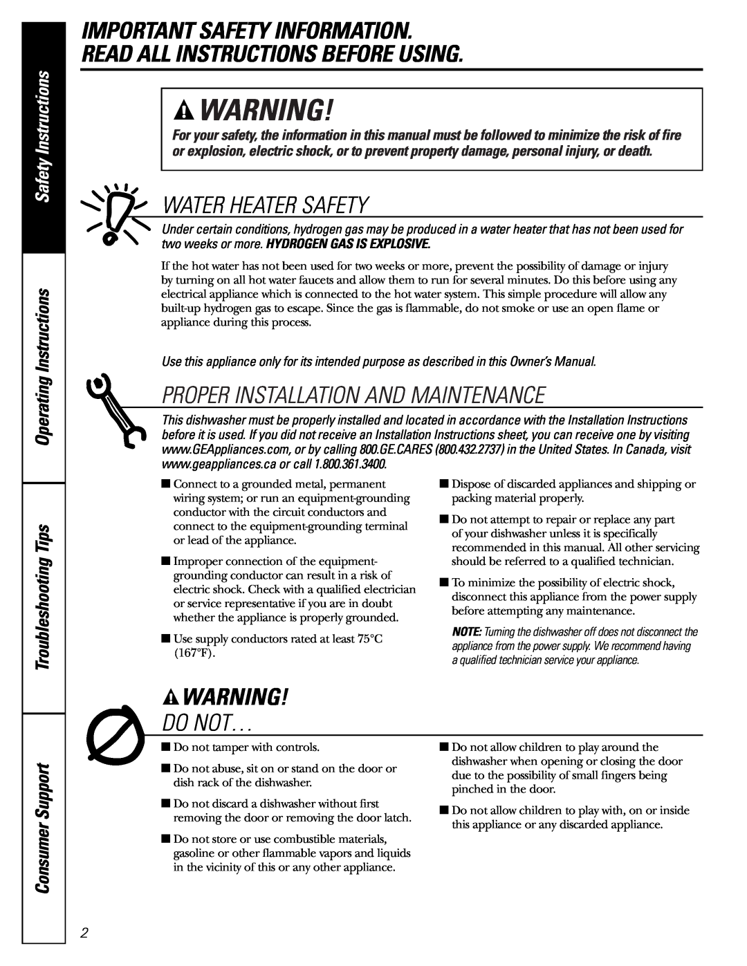 GE PDW8400 Series manual Important Safety Information Read All Instructions Before Using, Water Heater Safety, Do Not… 