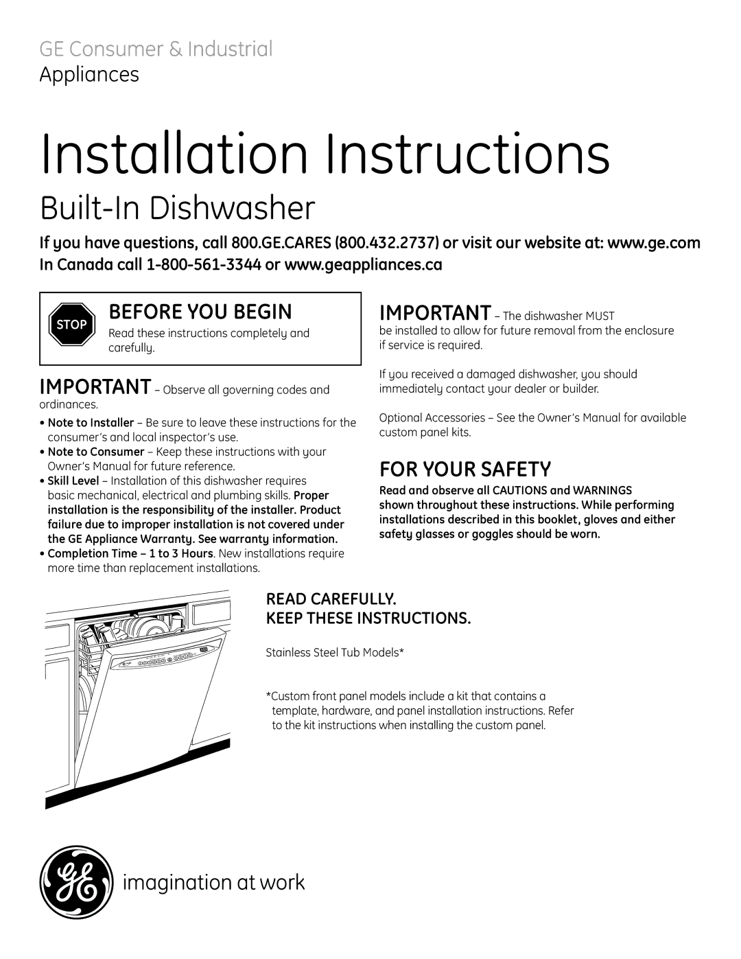 GE PDW8400JCC installation instructions Read Carefully Keep These Instructions, Read and observe all Cautions and Warnings 