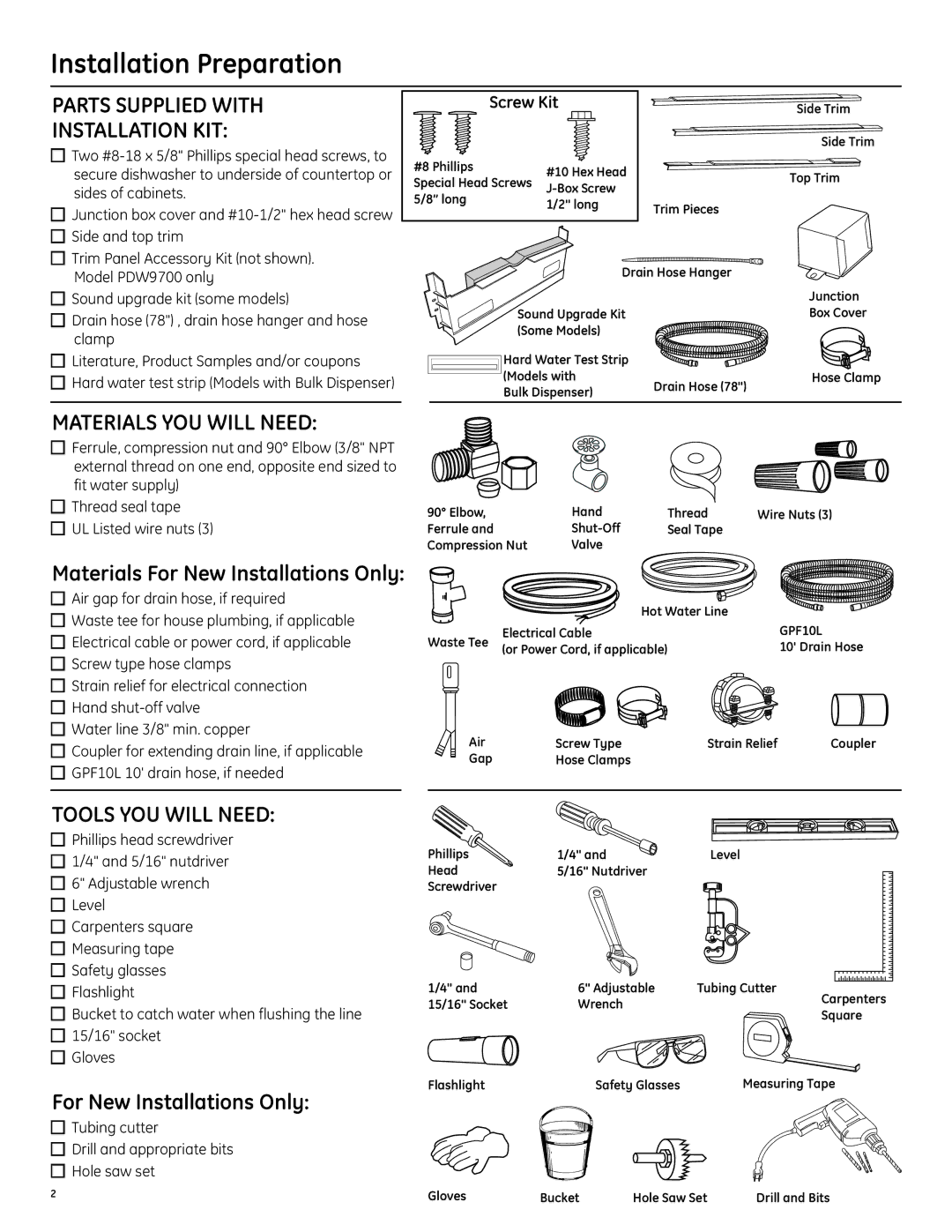 GE PDW8400JWW Installation Preparation, Parts Supplied with Installation KIT, Materials YOU will Need, Tools YOU will Need 