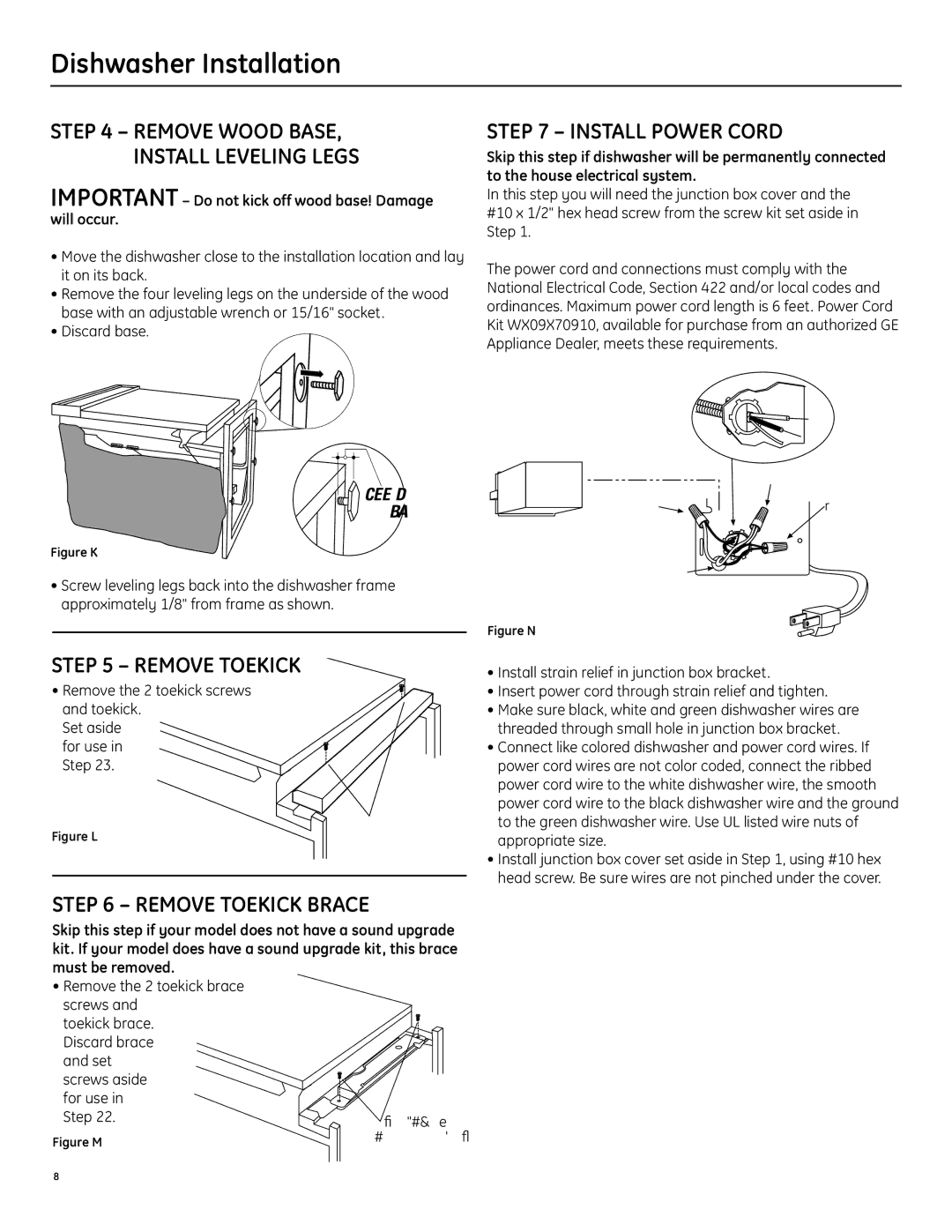 GE PDW8400JWW, PDW8400JBB, PDW8400JCC Remove Wood Base Install Leveling Legs, Install Power Cord, Remove Toekick Brace 