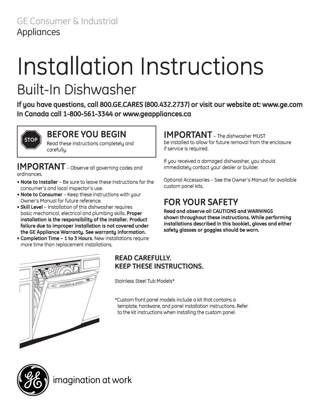 GE PDW8400JCC installation instructions Before You Begin, For Your Safety, Read Carefully Keep These Instructions, Stop 