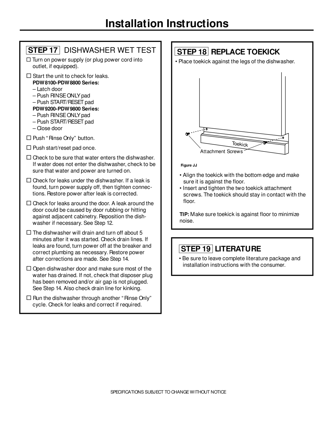 GE PDW9700, PDW8500 Dishwasher WET Test, Replace Toekick, Literature, PDW8100-PDW8800 Series, PDW9200-PDW9800 Series 