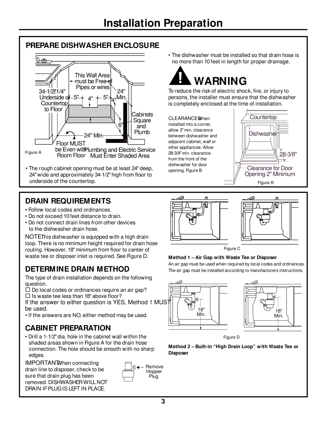 GE PDW9700, PDW8500, PDW8100 Prepare Dishwasher Enclosure, Drain Requirements, Determine Drain Method, Cabinet Preparation 