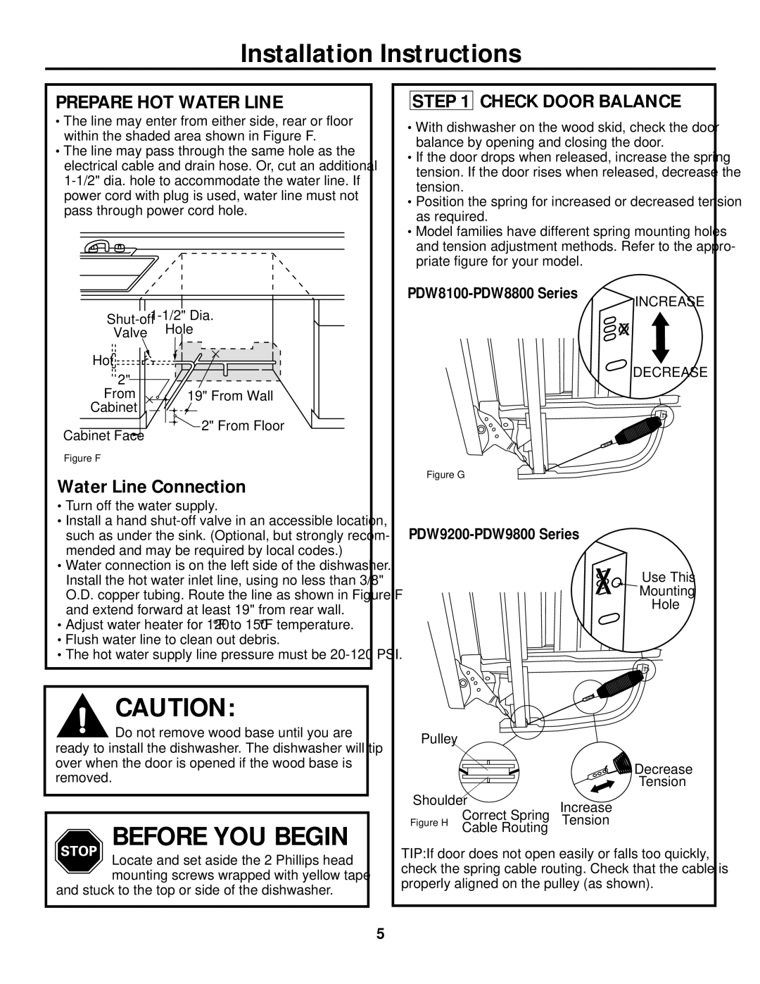 GE PDW9200, PDW8500, PDW8100, PDW8200, PDW9700, PDW9800, PDW8700, PDW8800, PDW8600 Prepare HOT Water Line, Check Door Balance 