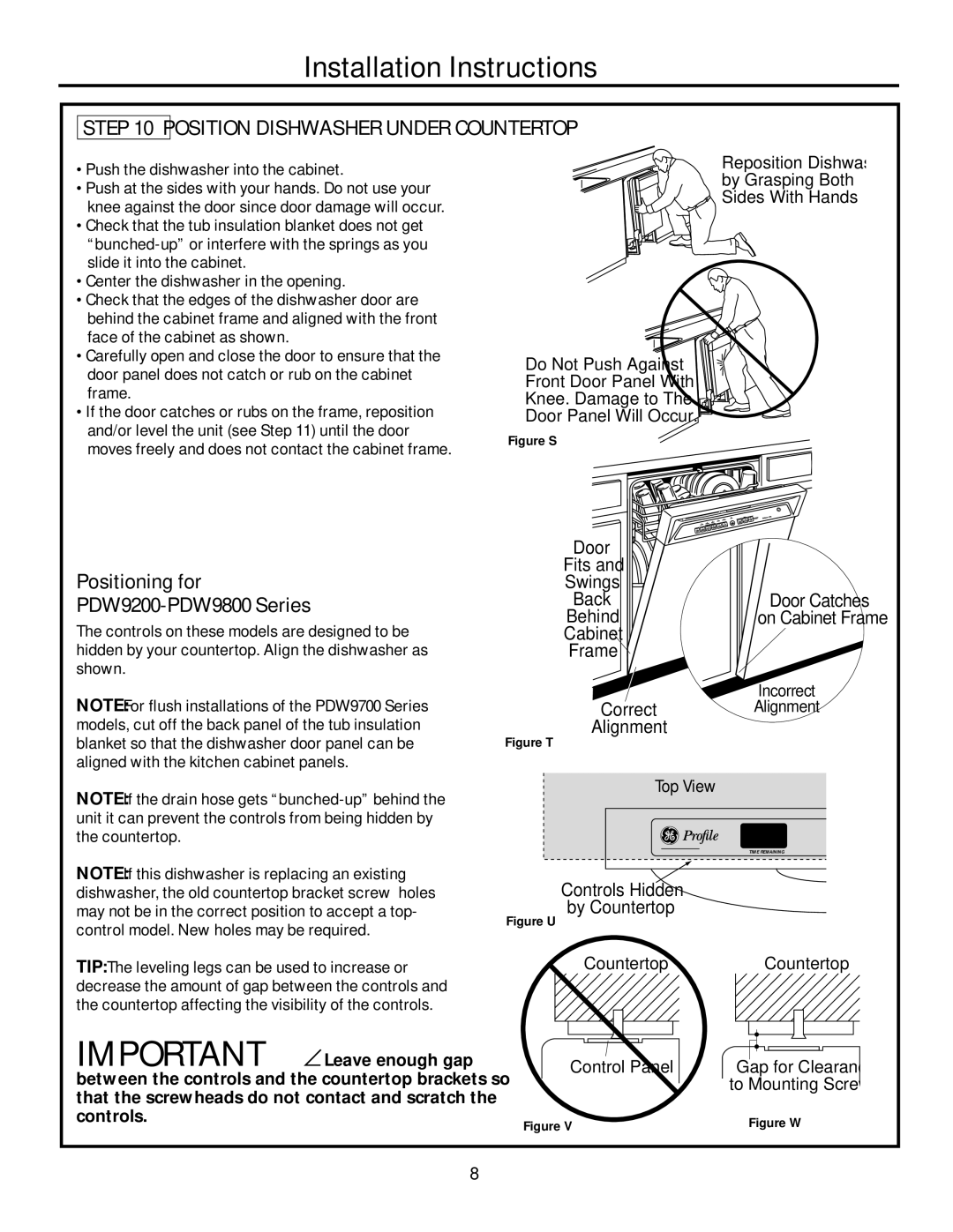 GE PDW8600 Position Dishwasher Under Countertop, Push the dishwasher into the cabinet, CountertopCountertop, Control Panel 