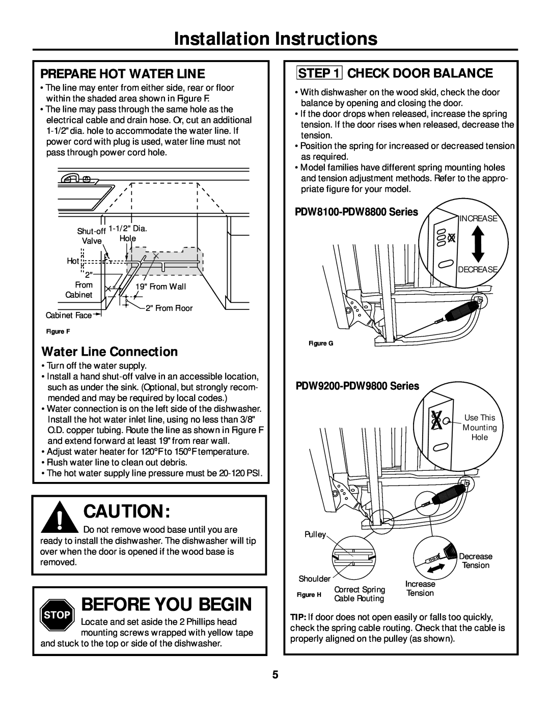 GE PDW9200 Installation Instructions, Prepare Hot Water Line, Check Door Balance, Water Line Connection, Before You Begin 
