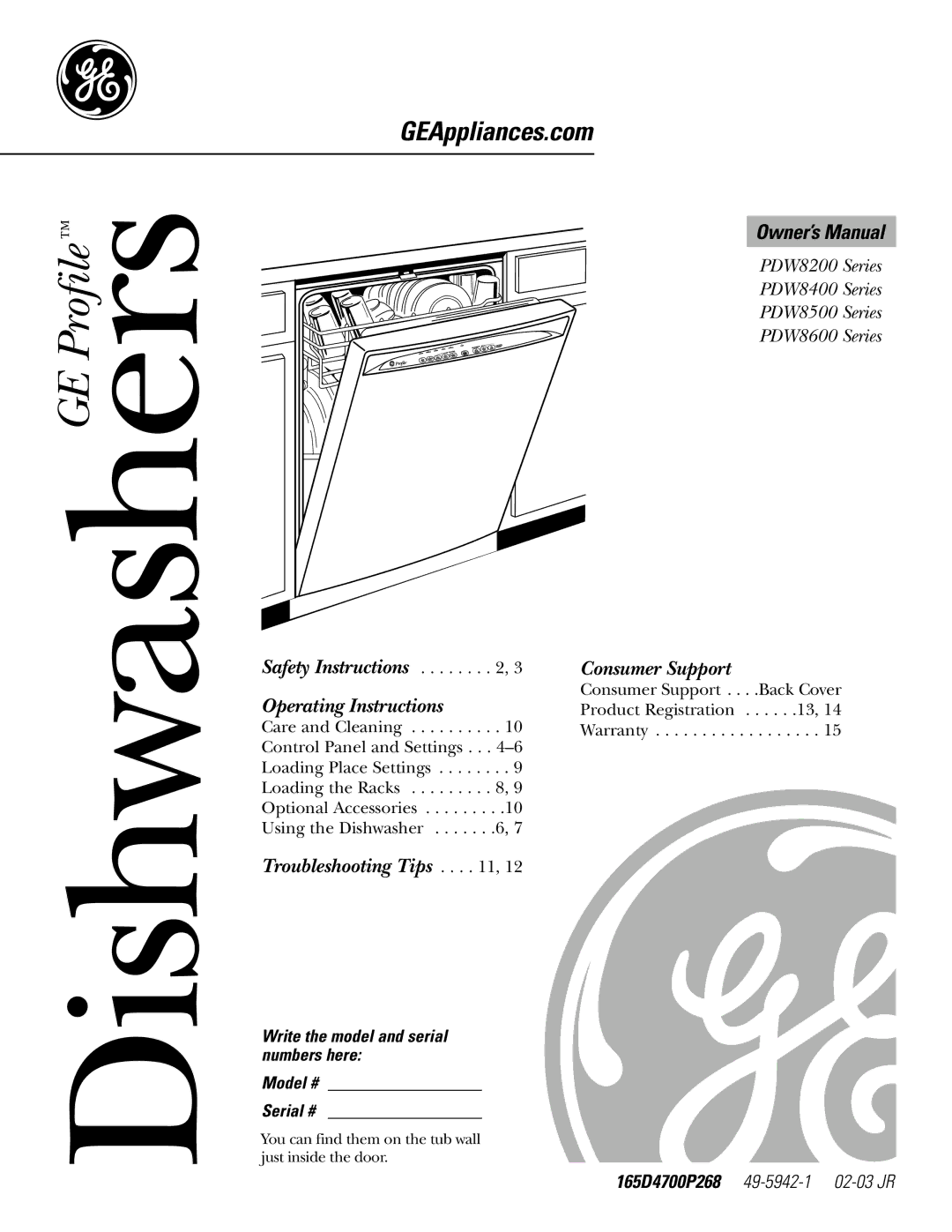 GE PDW8200, PDW8500, PDW8400, PDW8600 owner manual Dishwashers 