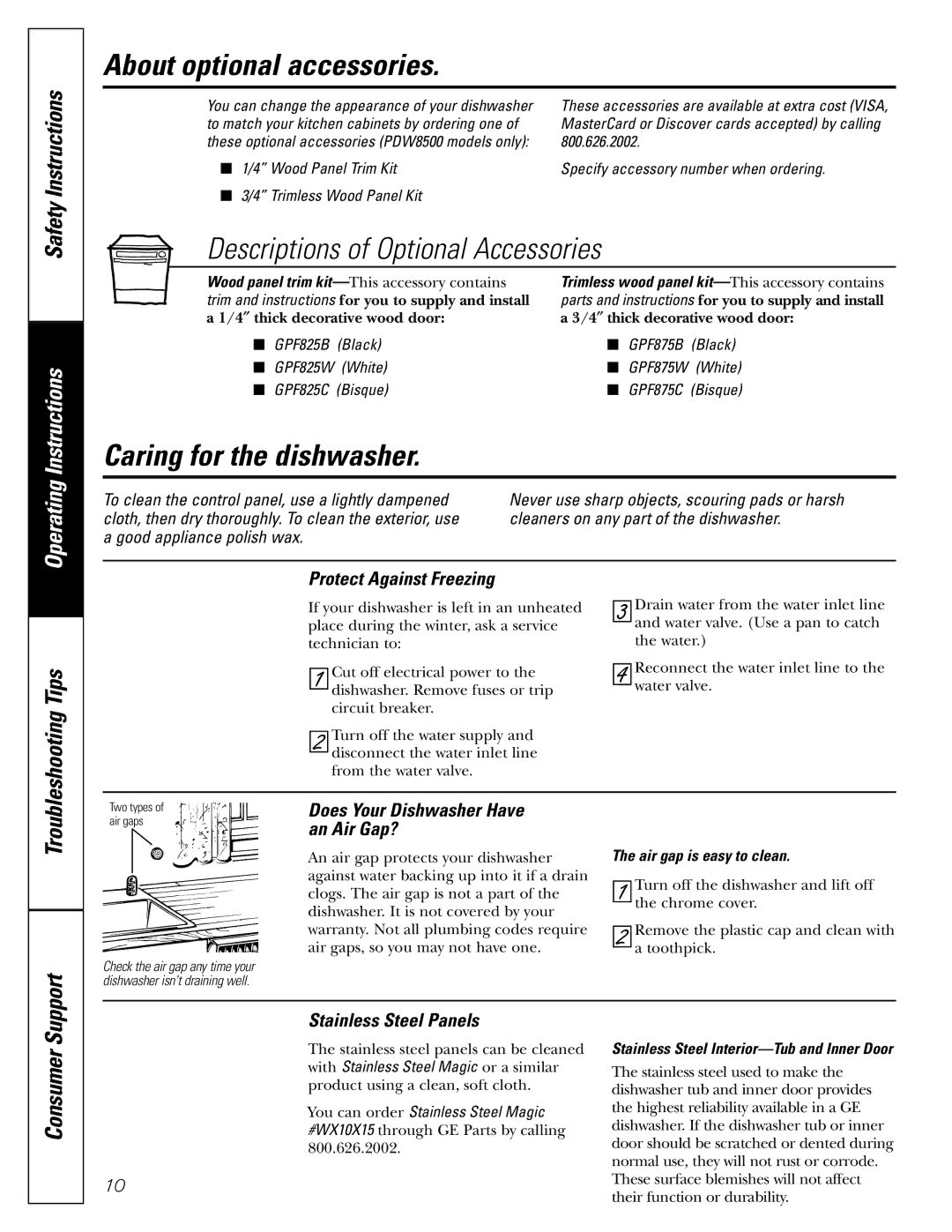 GE PDW8400, PDW8500, PDW8200 About optional accessories, Descriptions of Optional Accessories, Caring for the dishwasher 