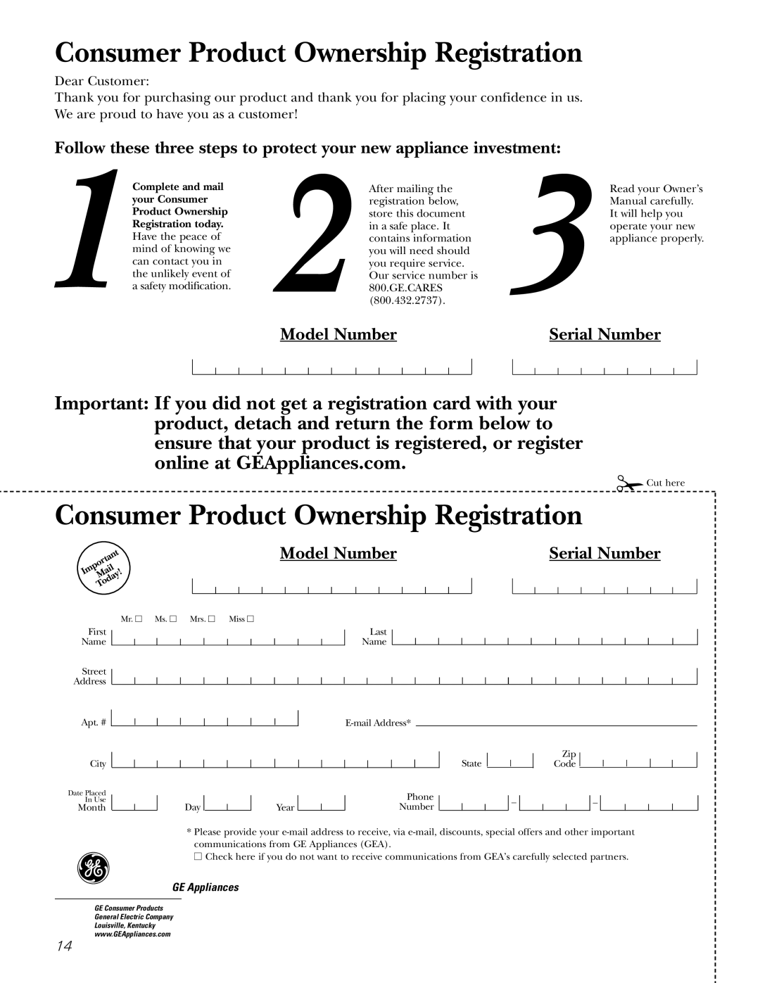 GE PDW8400, PDW8500, PDW8200, PDW8600 owner manual Consumer Product Ownership Registration 