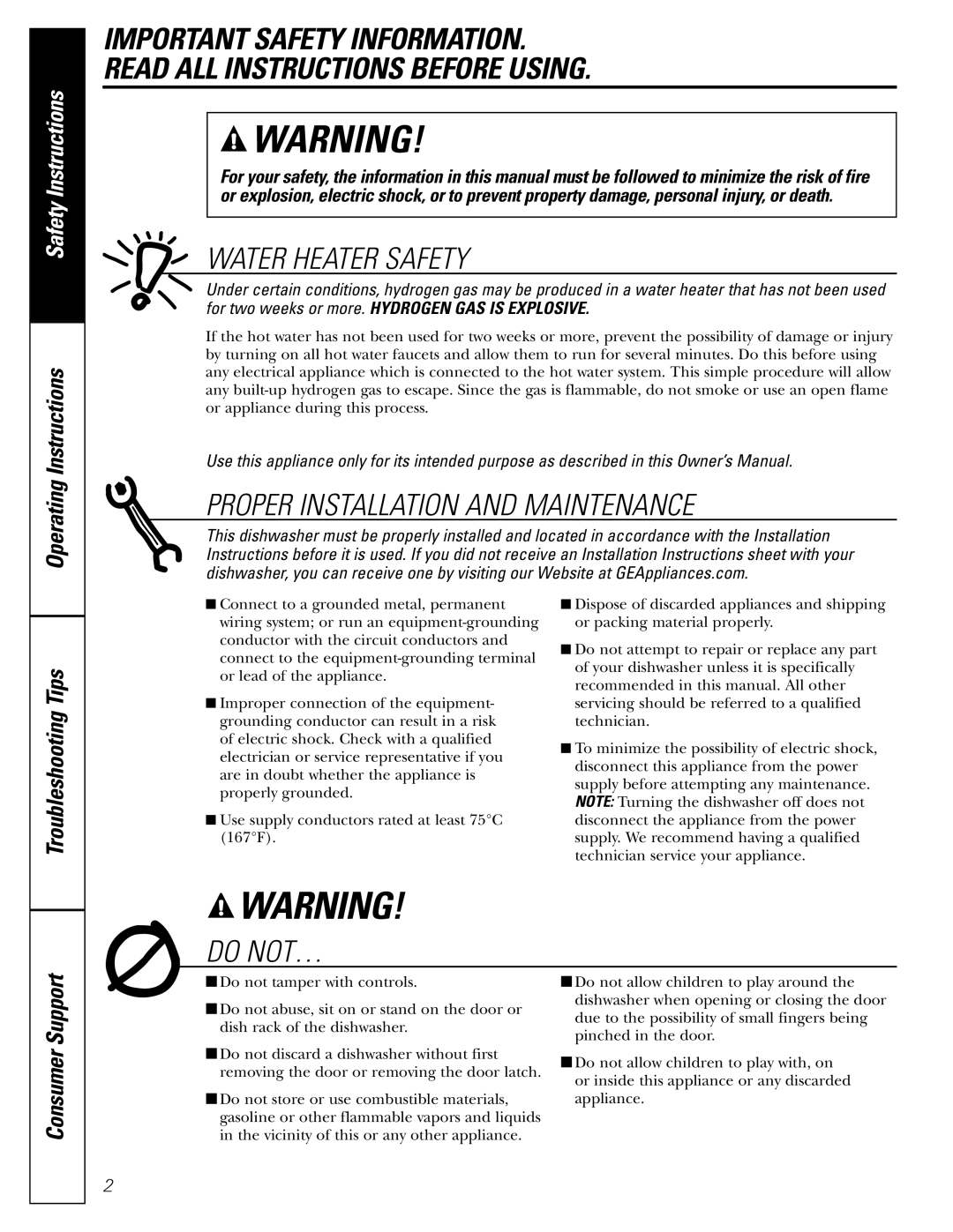 GE PDW8400, PDW8500, PDW8200, PDW8600 owner manual Water Heater Safety 