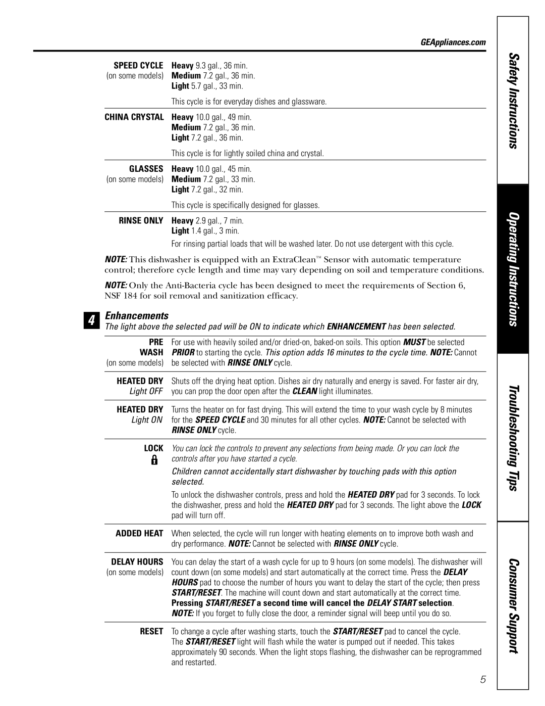 GE PDW8200, PDW8500, PDW8400, PDW8600 owner manual Enhancements, Rinse only cycle 