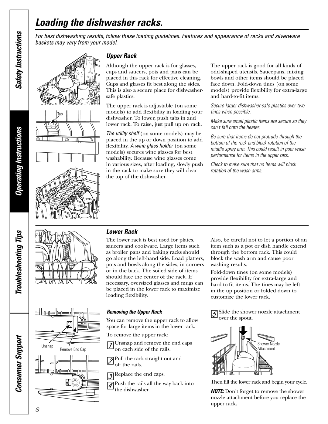 GE PDW8500, PDW8200, PDW8400, PDW8600 owner manual Lower Rack, Removing the Upper Rack 