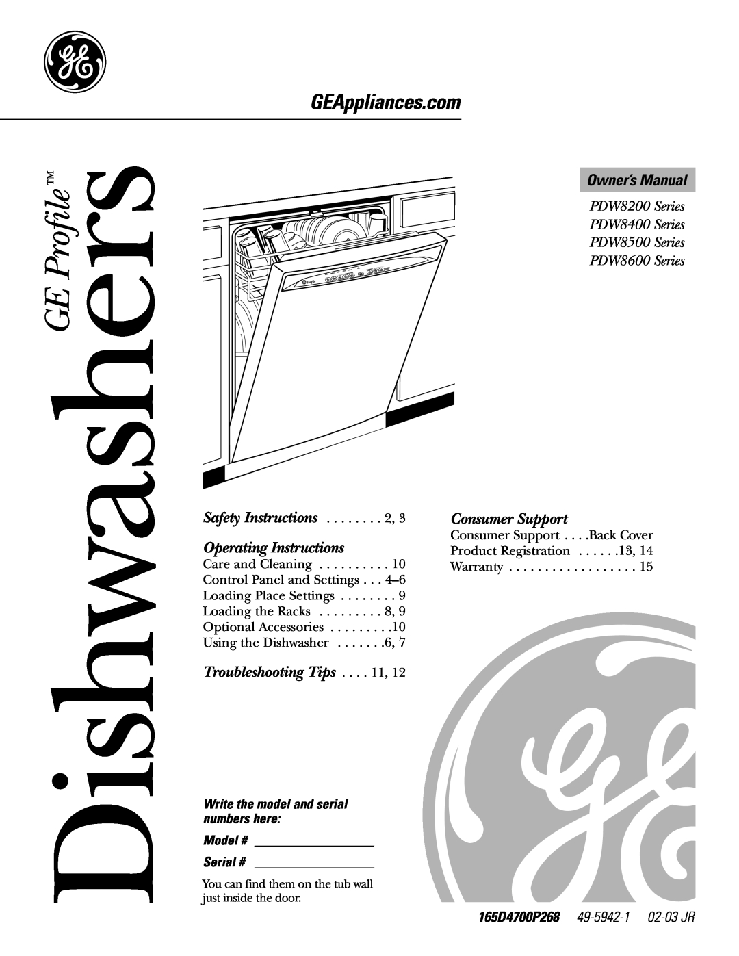 GE PDW8200, PDW8500, PDW8400 owner manual Write the model and serial numbers here Model # Serial #, Dishwashers, GE Profile 