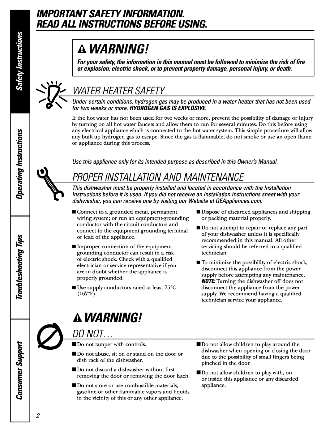 GE PDW8400 Important Safety Information Read All Instructions Before Using, Water Heater Safety, Do Not…, Consumer Support 