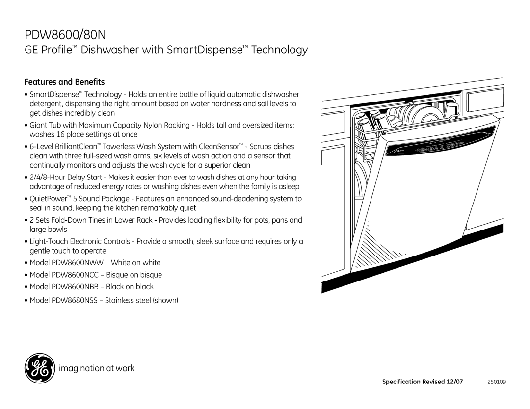 GE PDW8600/80N dimensions Features and Benefits 