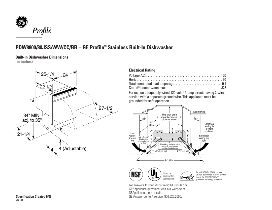 GE PDW8800JCC, PDW8880JSS, PDW8800JBB, PDW8800JWW dimensions 25-1/4, 27-1/2, Adjustable 