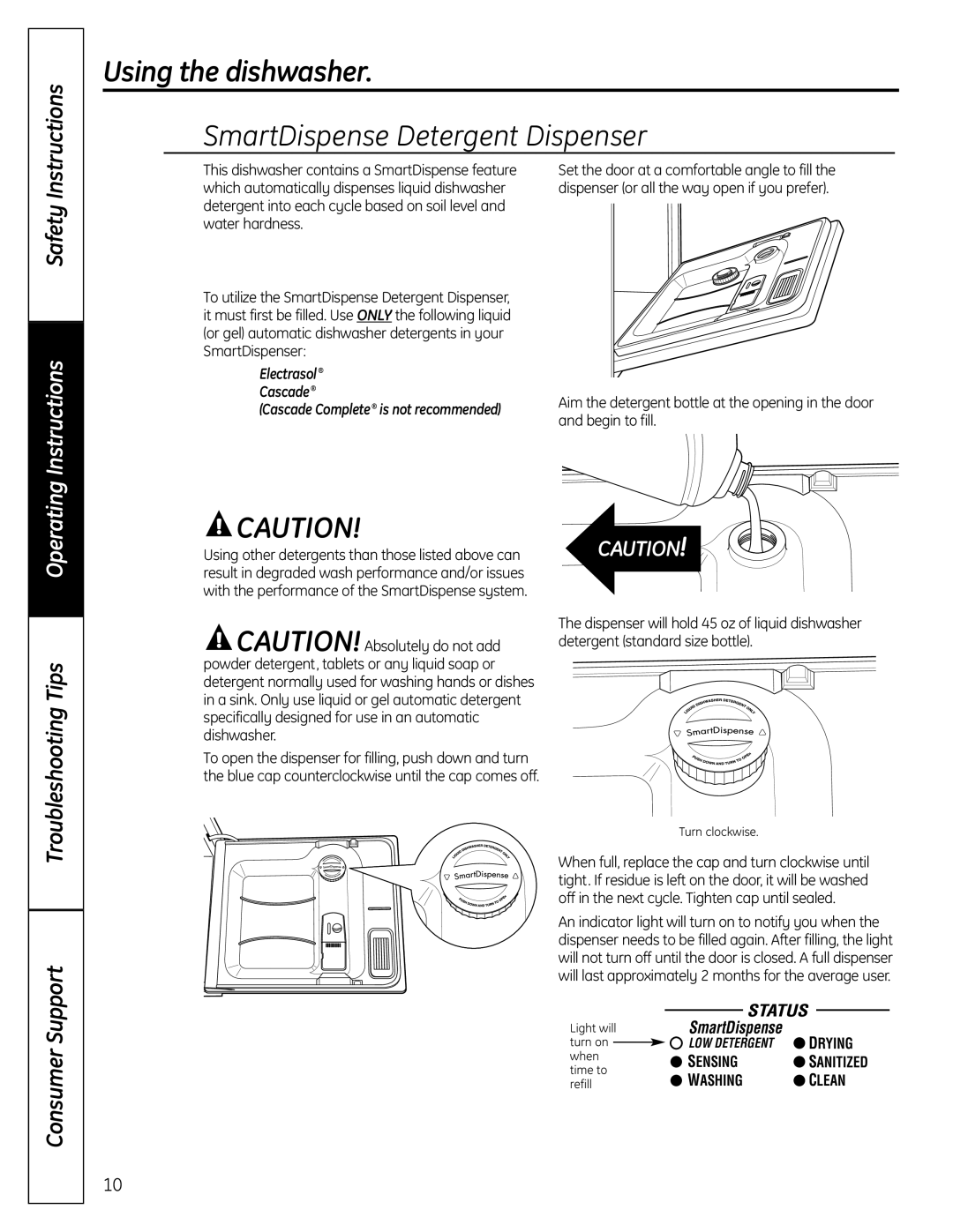 GE PDW8900 Series, PDW9900 Series owner manual SmartDispense Detergent Dispenser, Instructions, Safety, Troubleshooting Tips 