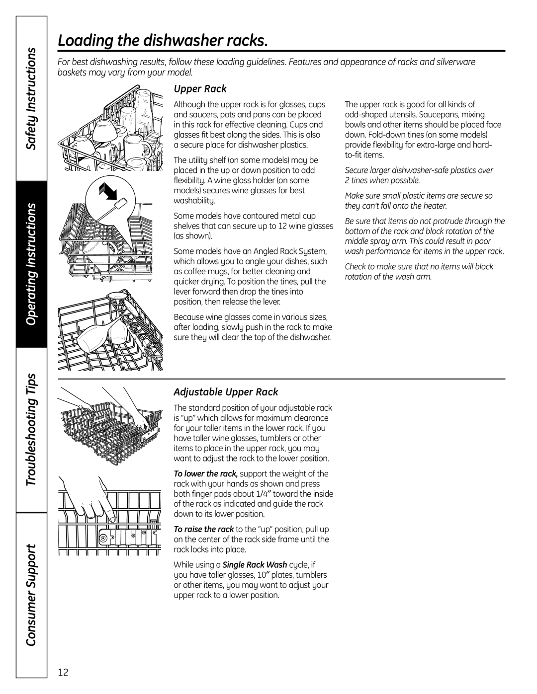 GE PDW8900 Series, PDW9900 Series owner manual Loading the dishwasher racks, Adjustable Upper Rack 