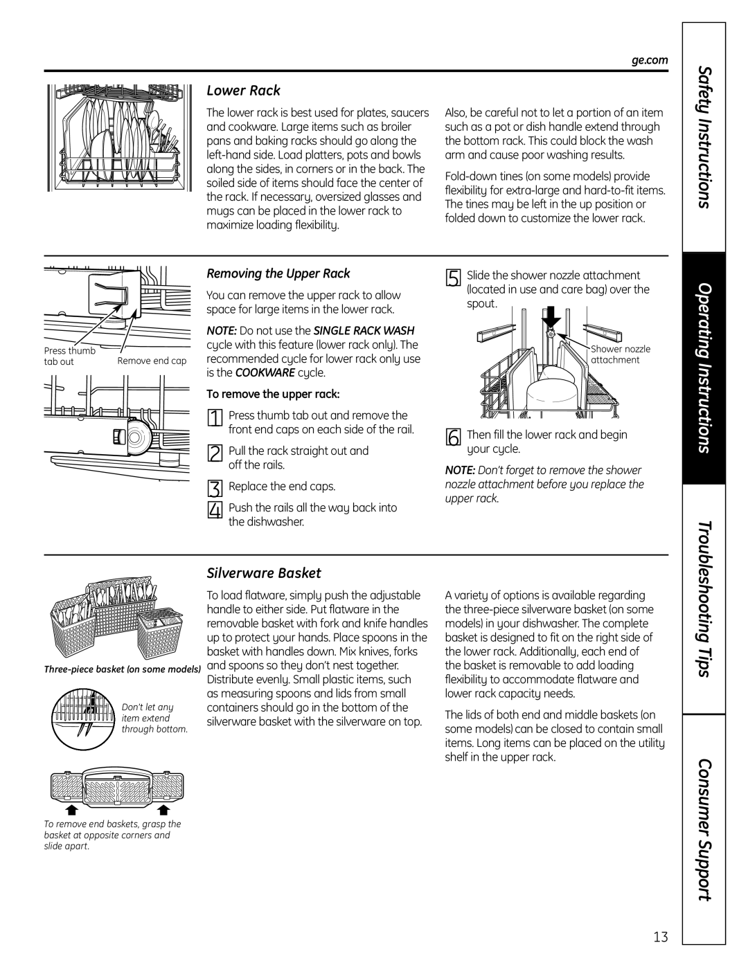 GE PDW9900 Series, PDW8900 Series owner manual Lower Rack, Silverware Basket, Safety, Removing the Upper Rack, Consumer 