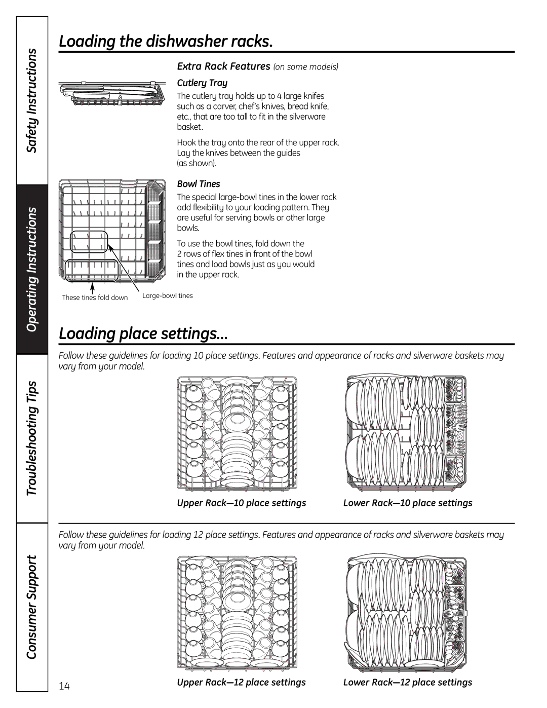 GE PDW8900 Series, PDW9900 Series owner manual Loading place settings…, Extra Rack Features on some models 