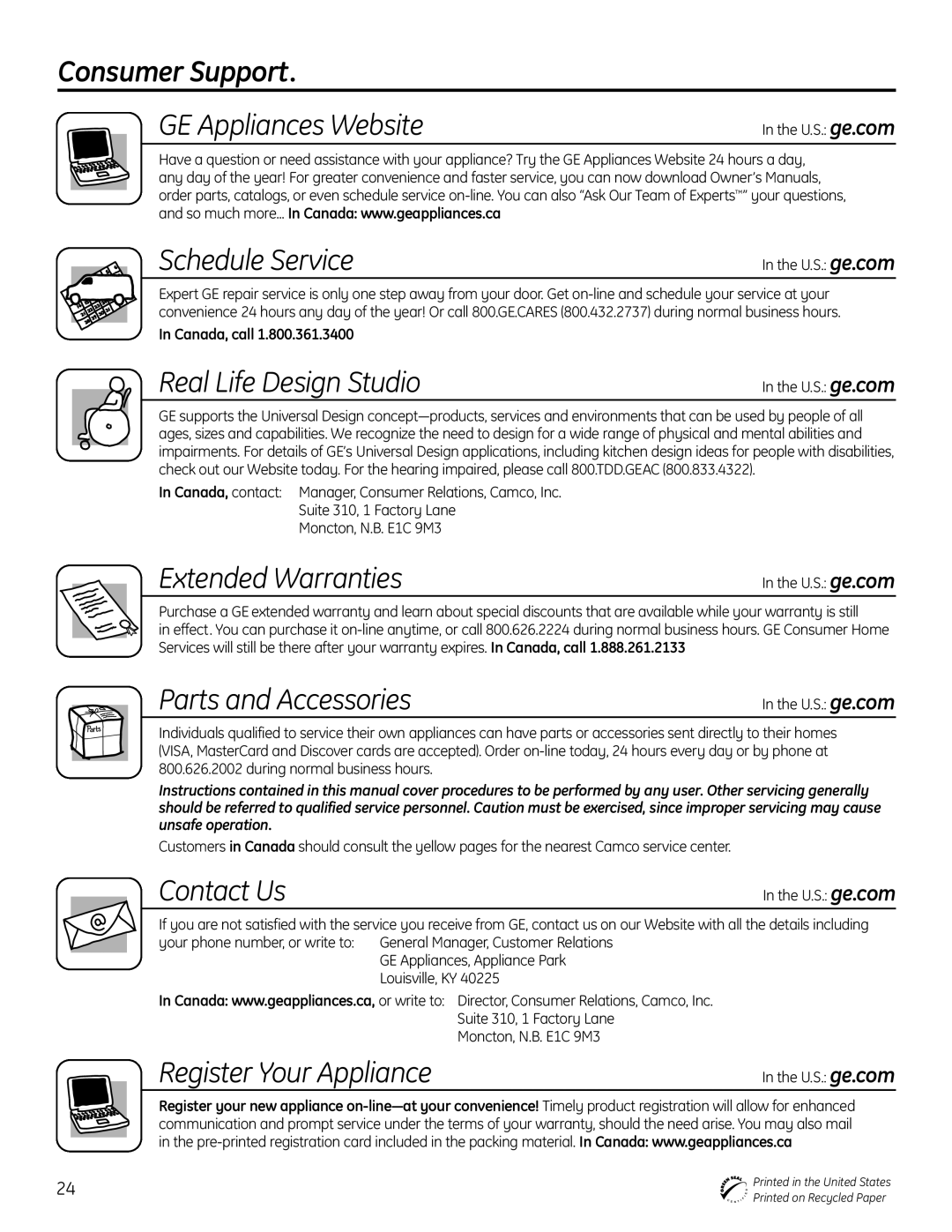 GE PDW8900 Series, PDW9900 Series owner manual Consumer Support 