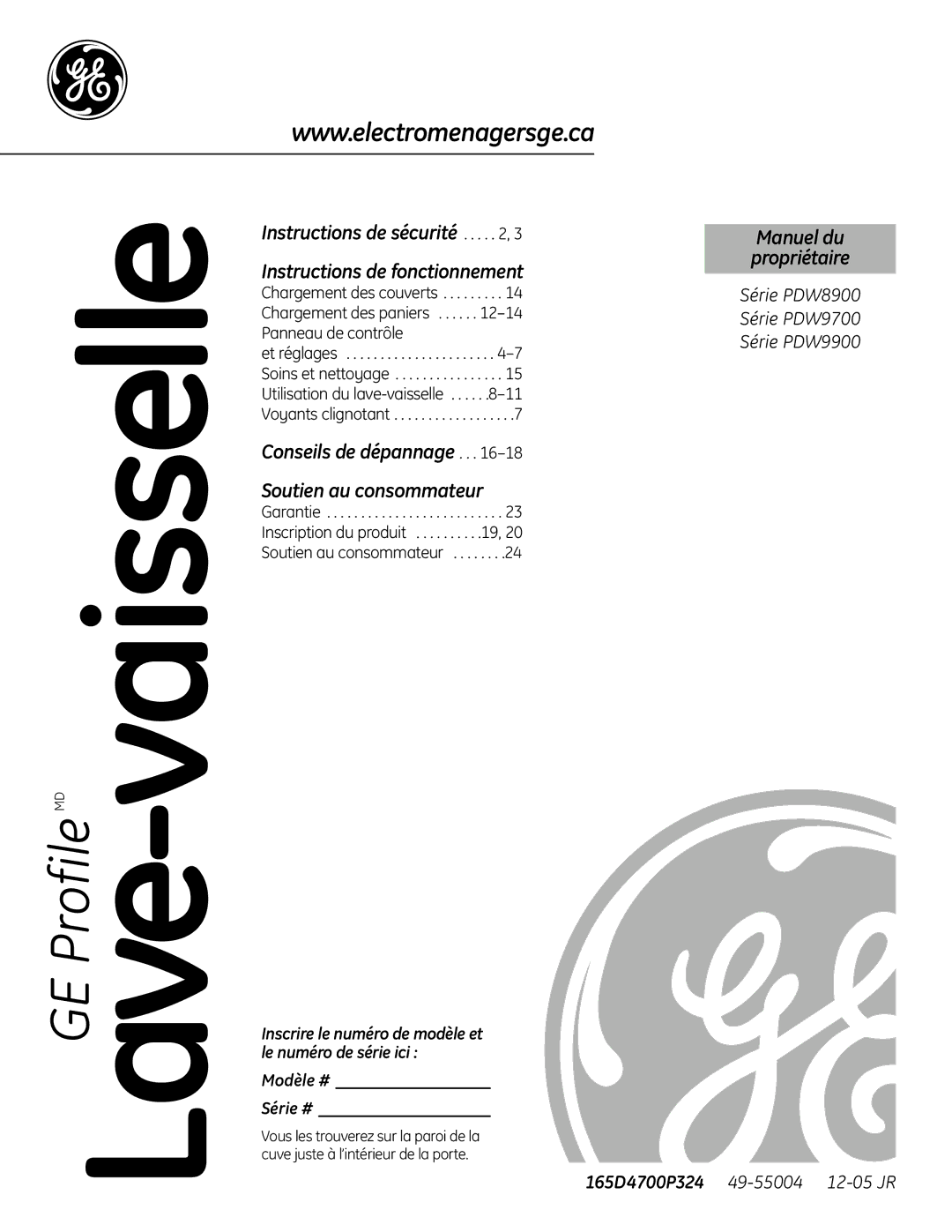 GE PDW9900 Series, PDW8900 Series owner manual Lave-vaisselle, Modèle # Série # 