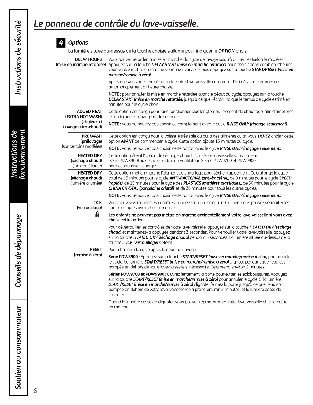 GE PDW8900 Series, PDW9900 Series owner manual Options, Touche Lock verrouillage s’éteint 