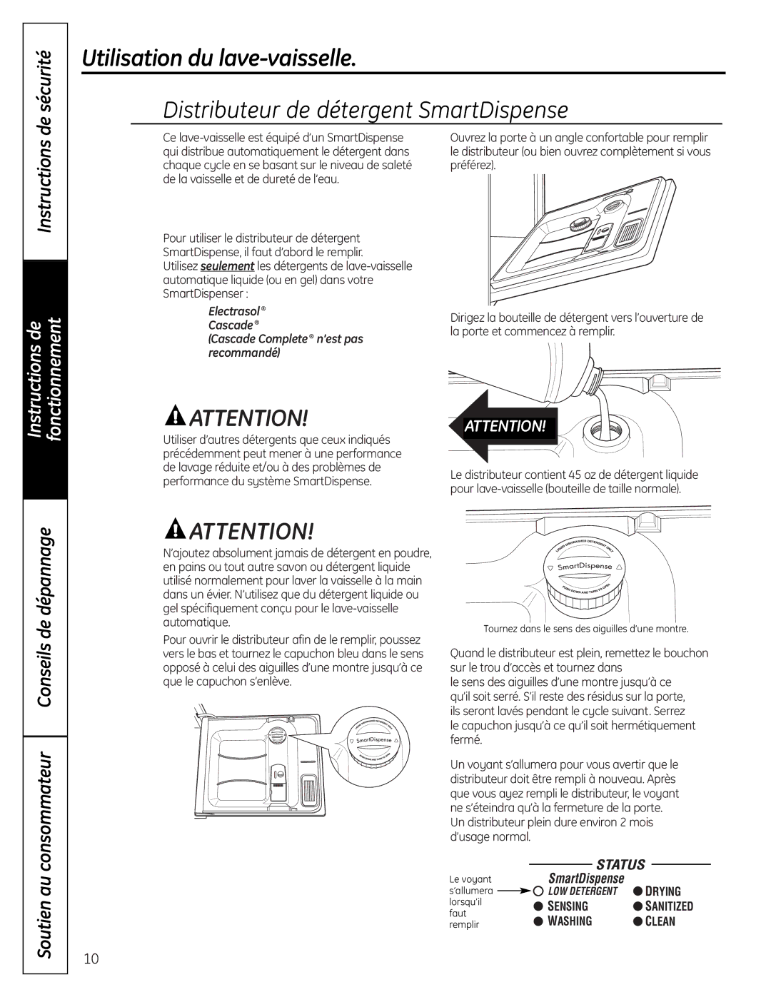 GE PDW8900 Series, PDW9900 Series owner manual Distributeur de détergent SmartDispense, Instructions 