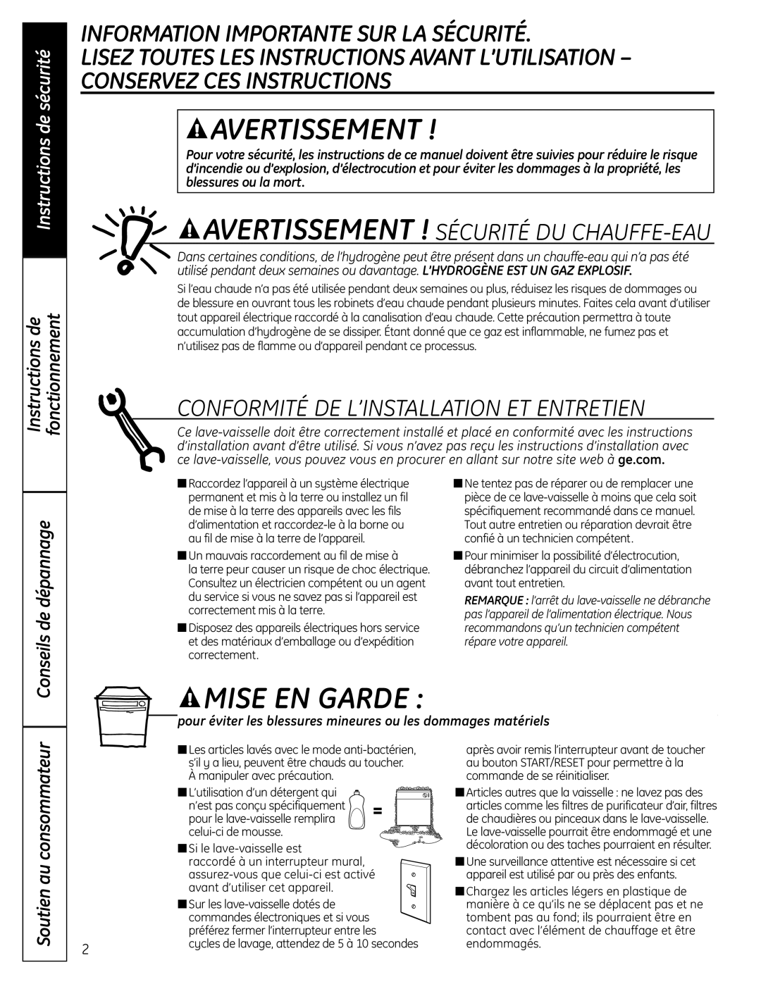 GE PDW8900 Series Information Importante Sur La Sécurité, Avertissement ! Sécurité Du Chauffe-Eau, Instructions de 