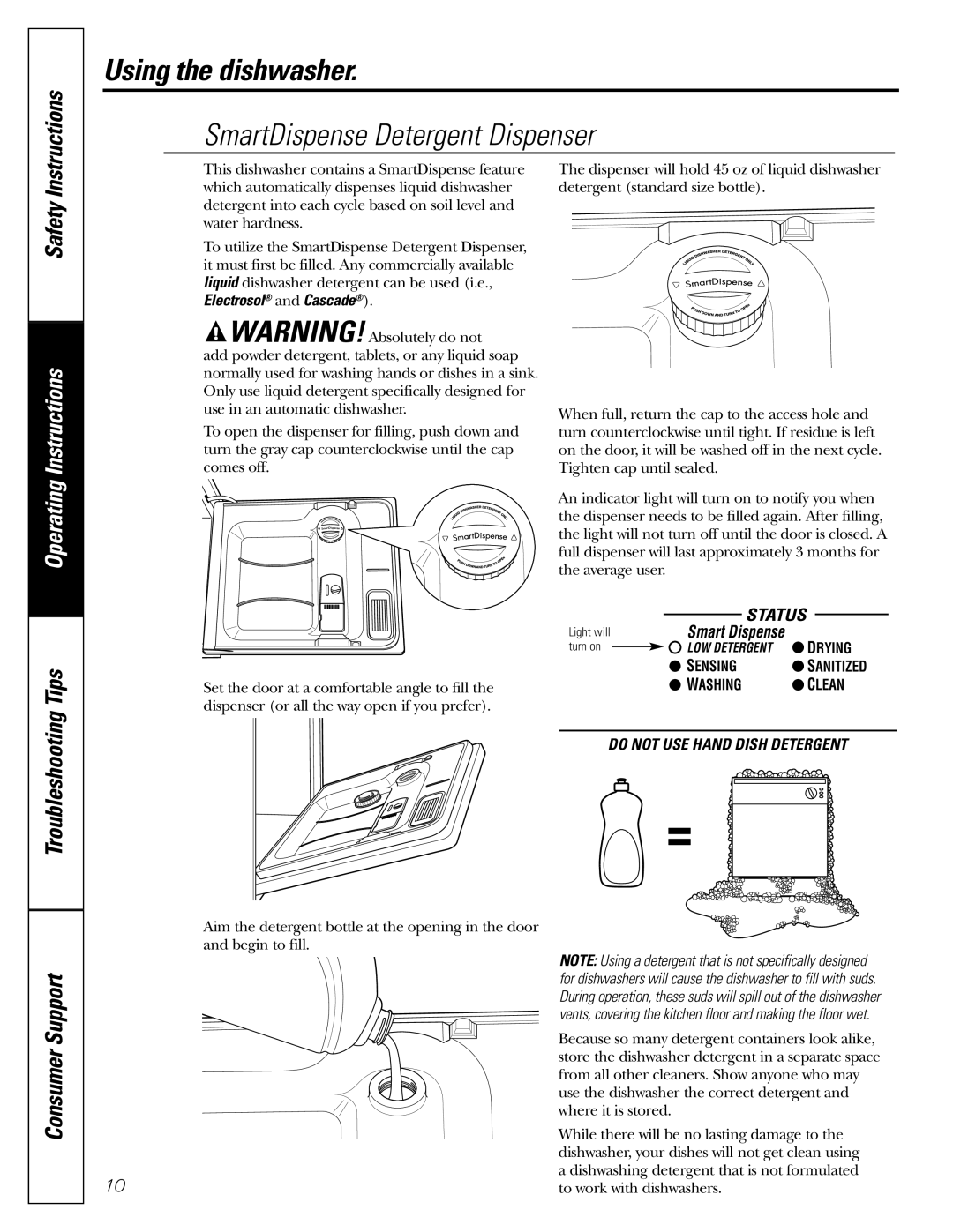 GE PDW8900, PDW9700, PDW9900 owner manual SmartDispense Detergent Dispenser, Washing Clean Do not USE Hand Dish Detergent 