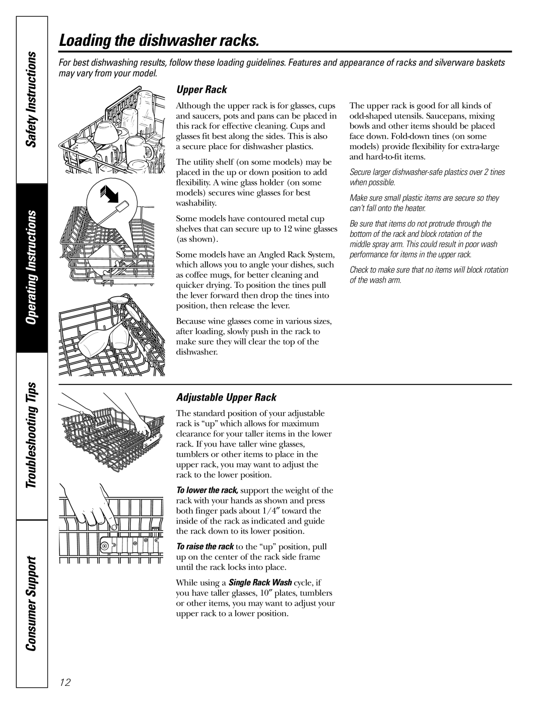 GE PDW9700, PDW8900, PDW9900 owner manual Loading the dishwasher racks, Adjustable Upper Rack 