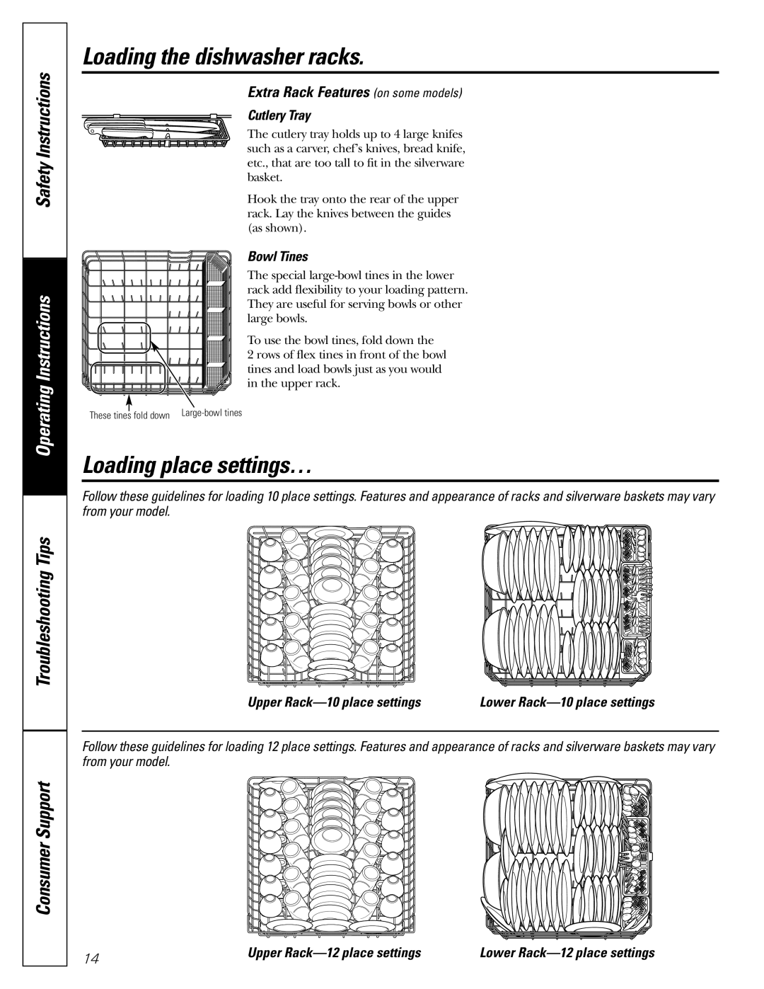 GE PDW9900, PDW9700, PDW8900 owner manual Loading place settings…, Extra Rack Features on some models 