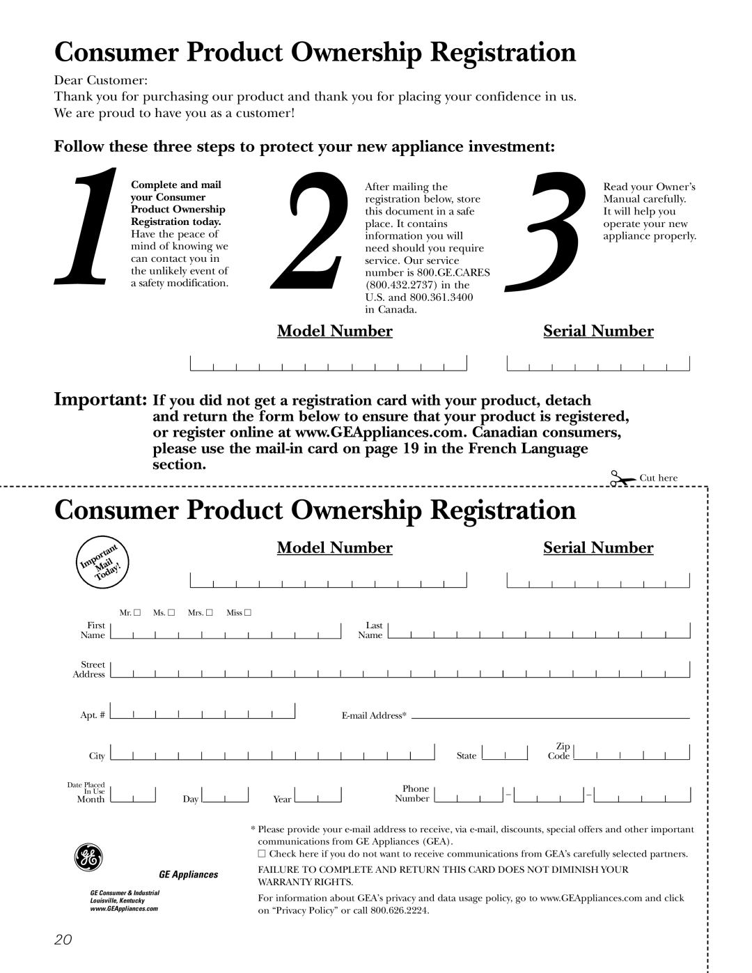 GE PDW9900, PDW9700, PDW8900 owner manual Consumer Product Ownership Registration 