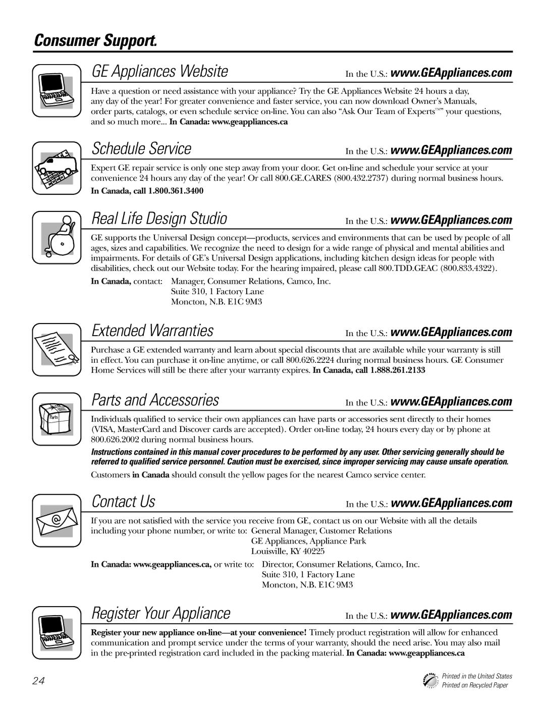 GE PDW9700, PDW8900, PDW9900 owner manual Consumer Support 