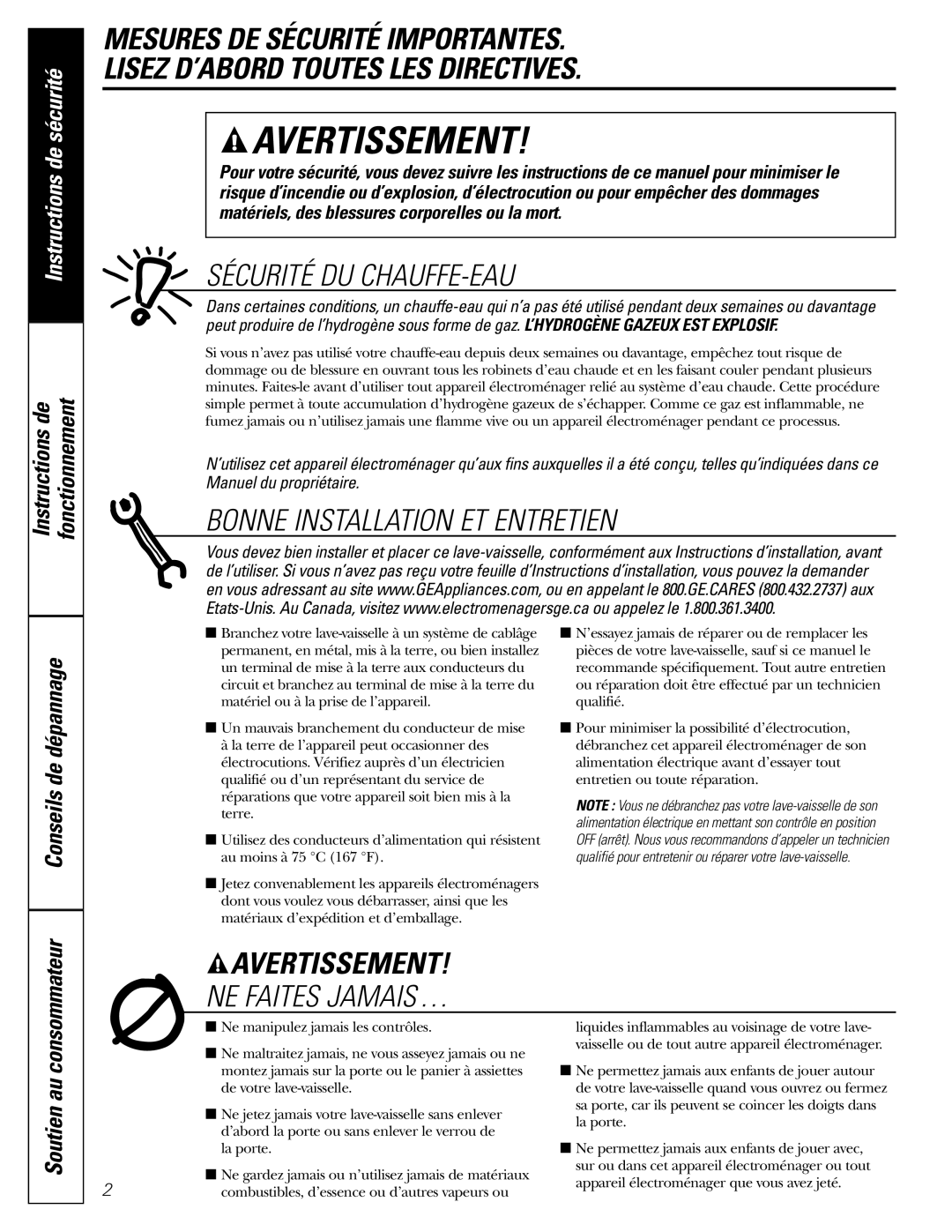 GE PDW9900, PDW9700, PDW8900 owner manual Instructions de Fonctionnement, Soutien au 