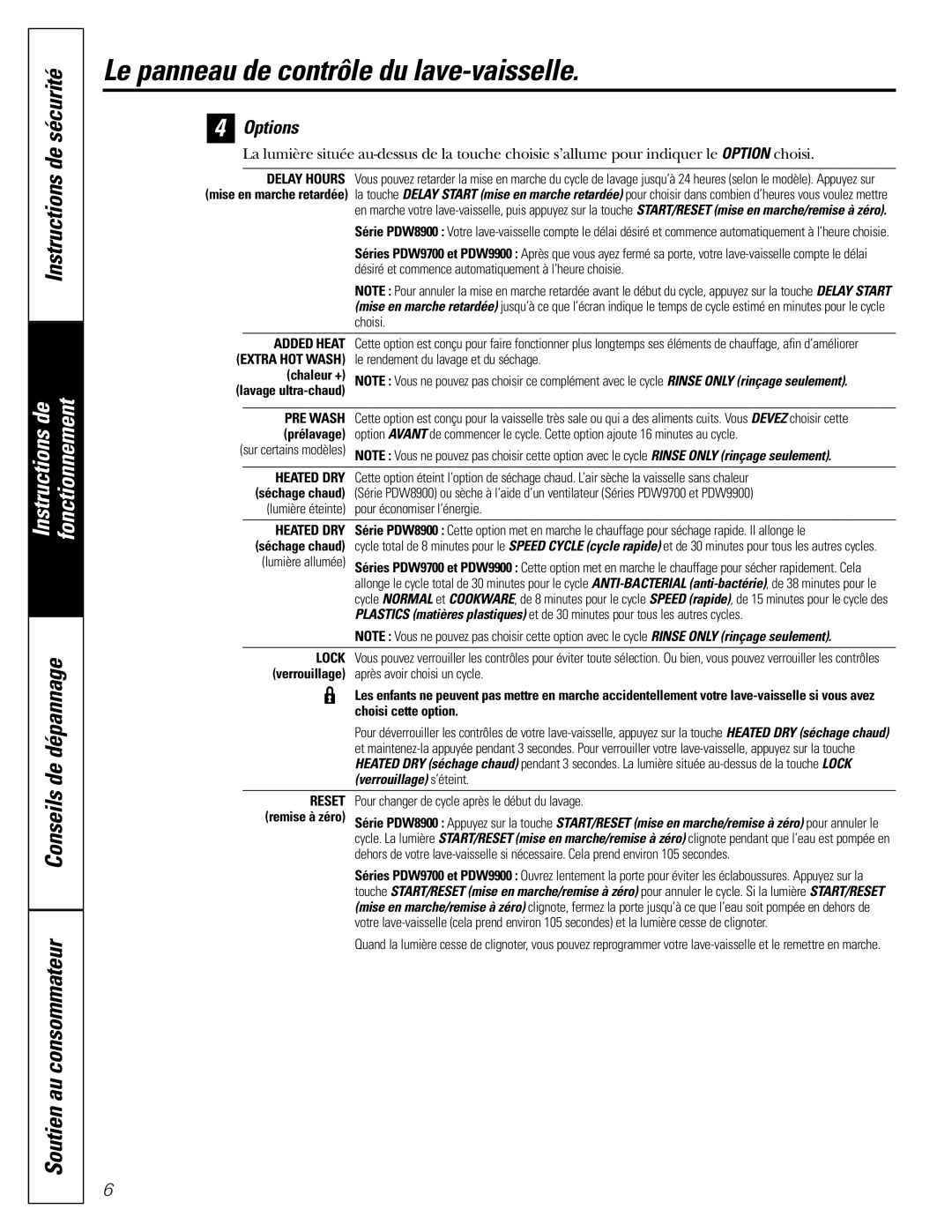 GE PDW9700, PDW8900, PDW9900 owner manual Options, Delay Hours 