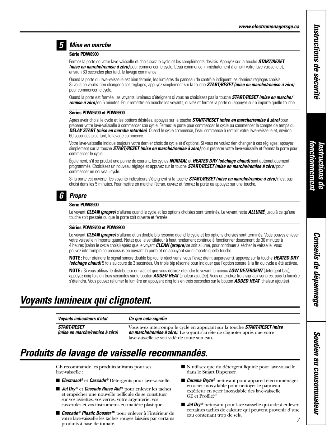 GE PDW8900, PDW9700 Voyants lumineux qui clignotent, Produits de lavage de vaisselle recommandés, Conseils de dépannage 