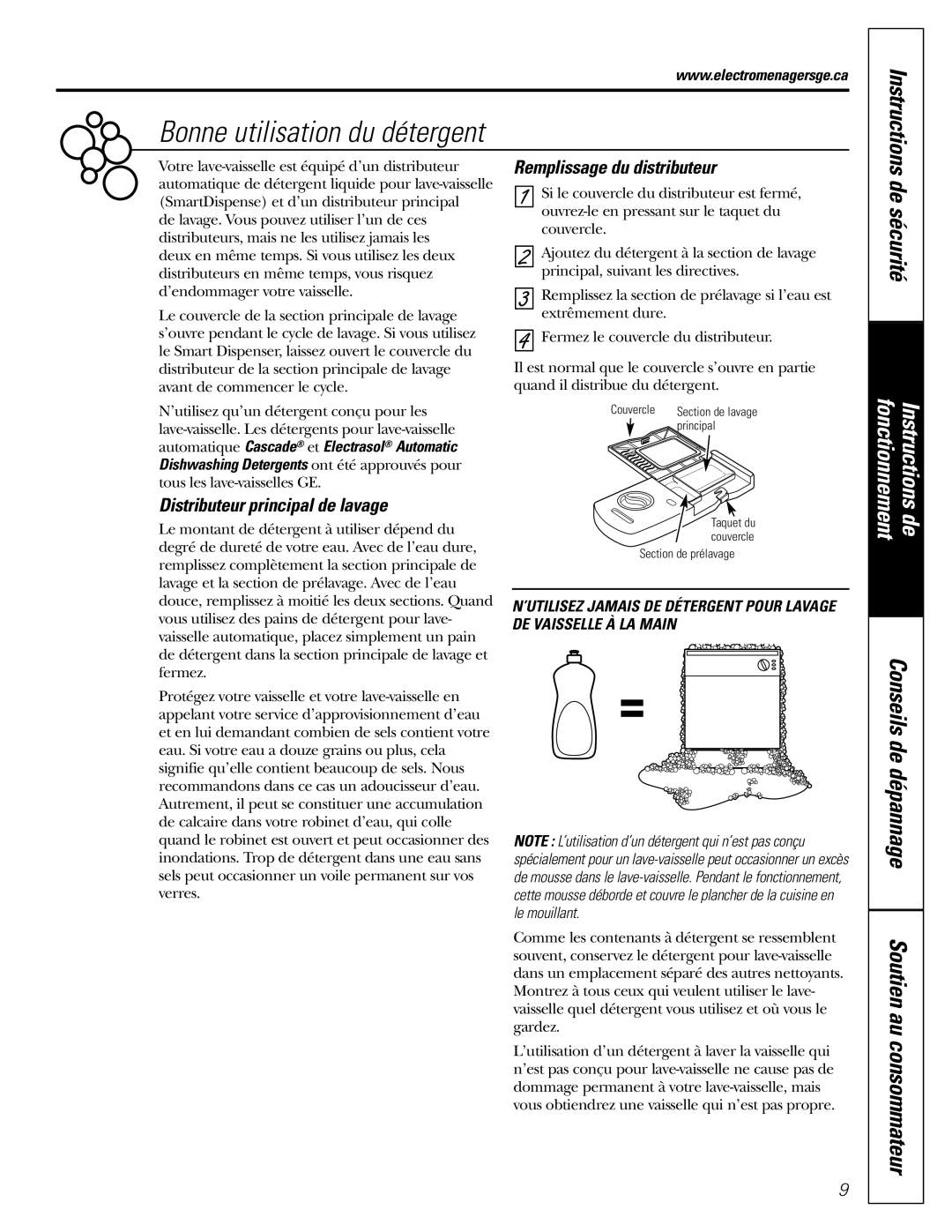 GE PDW9700, PDW8900, PDW9900 Bonne utilisation du détergent, De sécurité, Distributeur principal de lavage, Instructions 