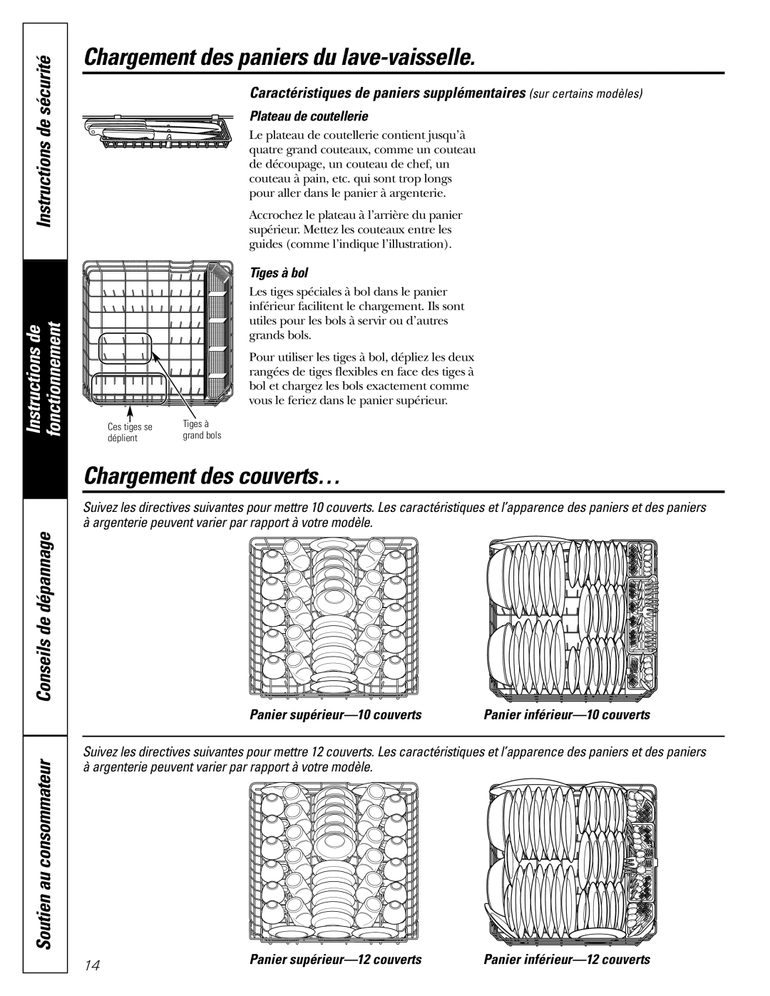 GE PDW9900, PDW9700, PDW8900 Chargement des paniers du lave-vaisselle, Chargement des couverts…, Sécurité, Instructions de 