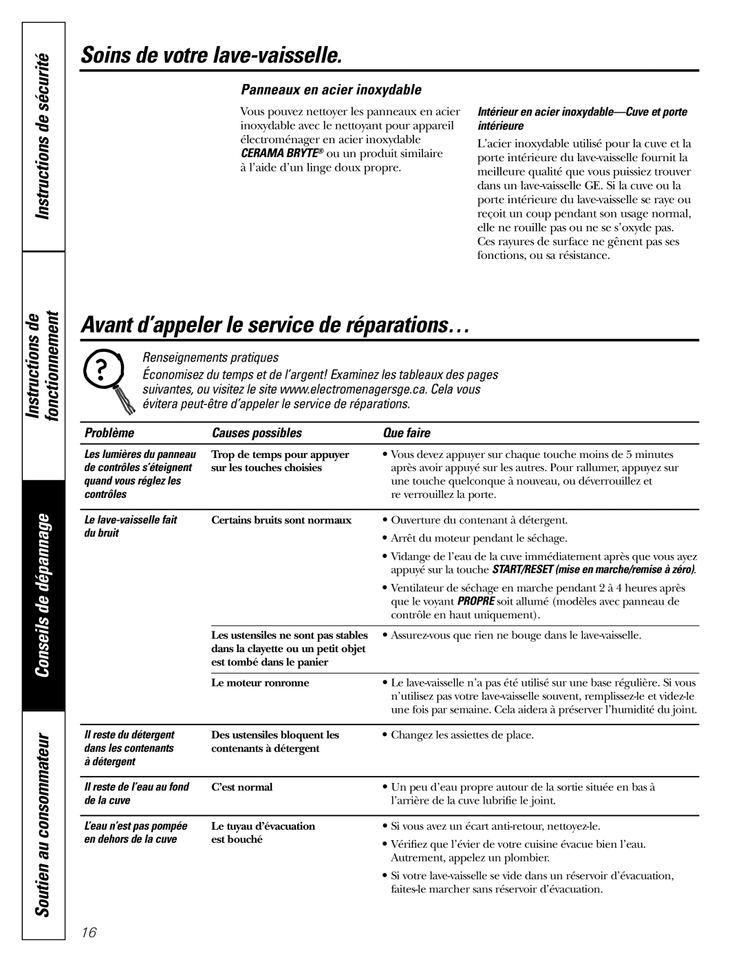 GE PDW8900 Soins de votre lave-vaisselle, Avant d’appeler le service de réparations…, Panneaux en acier inoxydable 