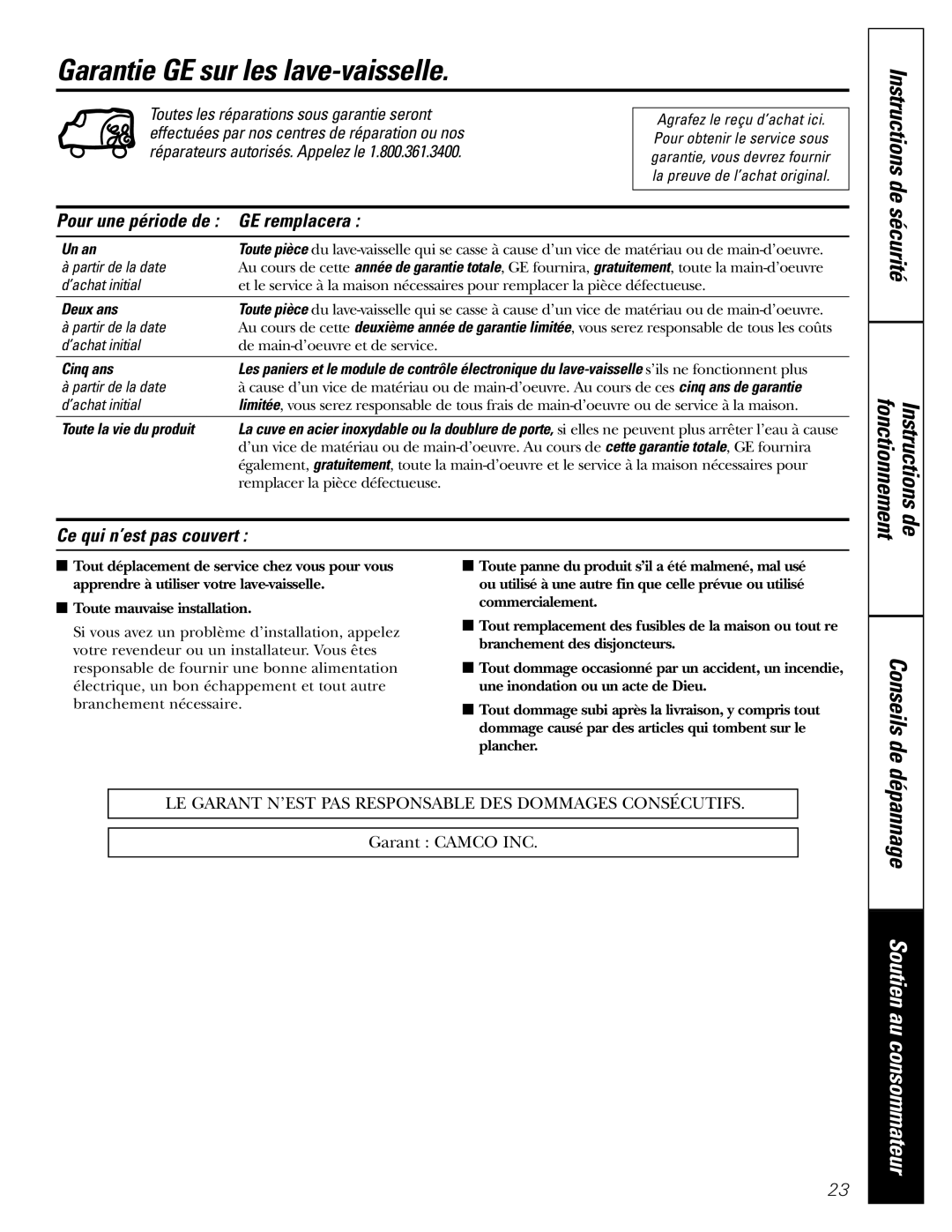 GE PDW9900, PDW9700, PDW8900 Garantie GE sur les lave-vaisselle, Conseils de, Dépannage, Pour une période de GE remplacera 