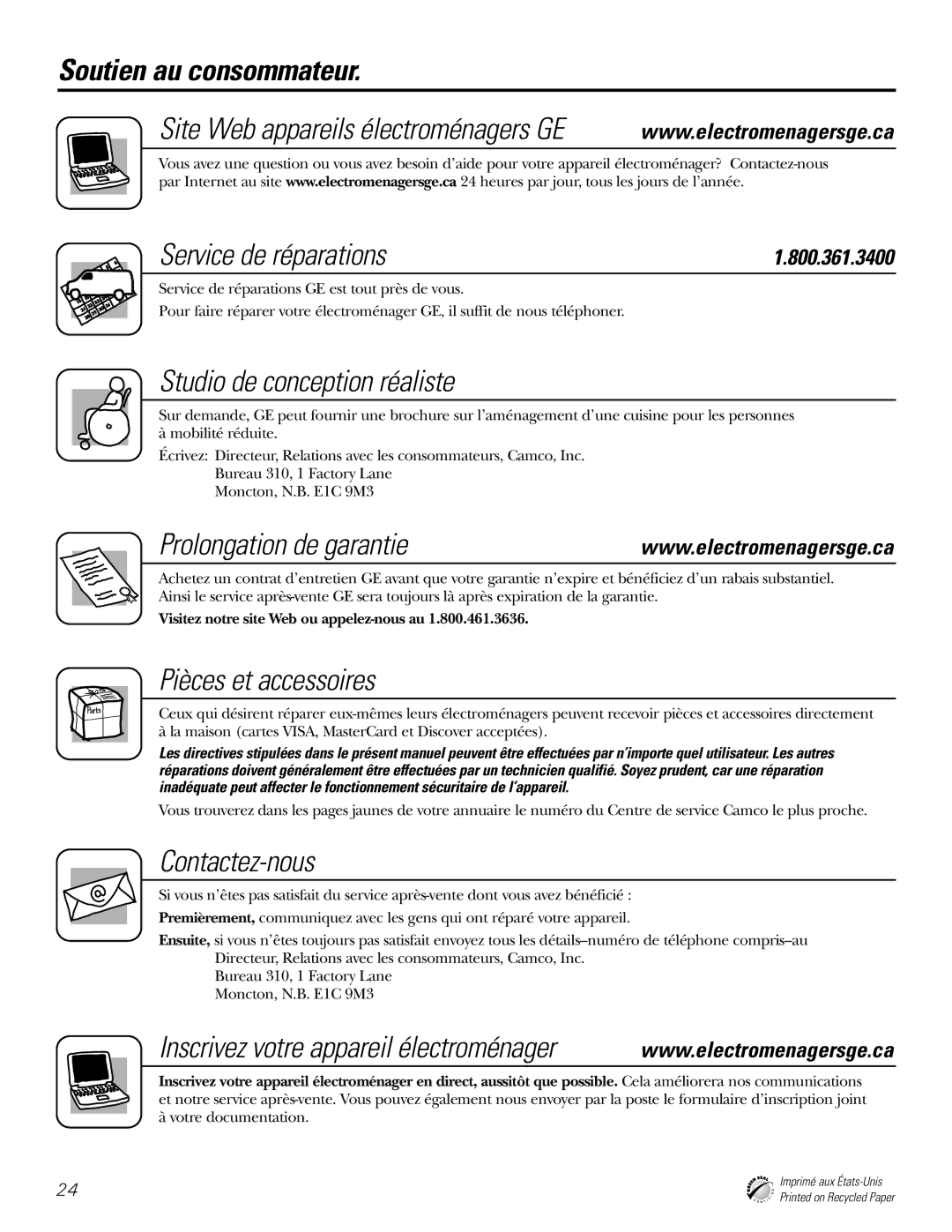 GE PDW9700, PDW8900, PDW9900 owner manual Soutien au consommateur, Service de réparations, Prolongation de garantie 