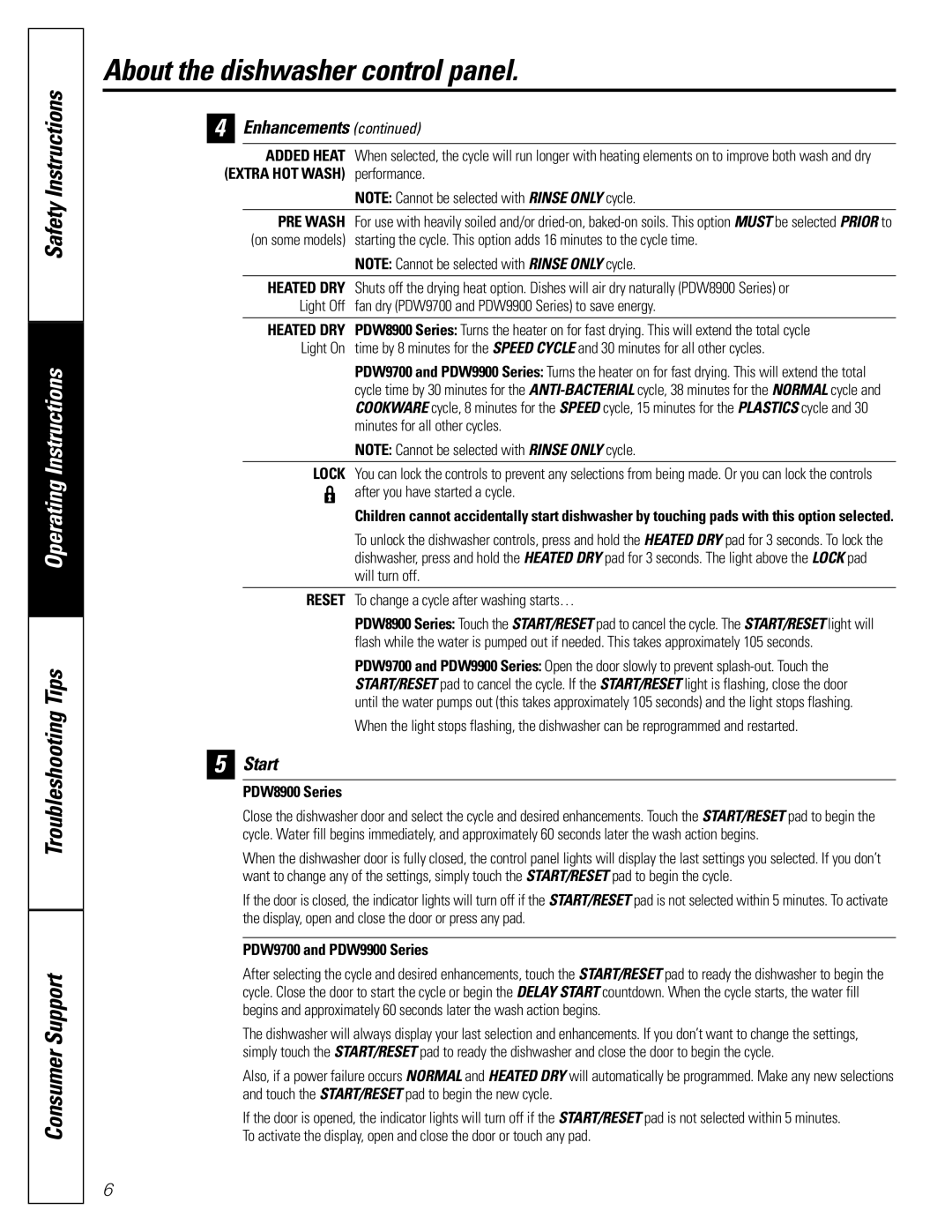 GE PDW9700, PDW8900, PDW9900 owner manual Start, Added Heat 