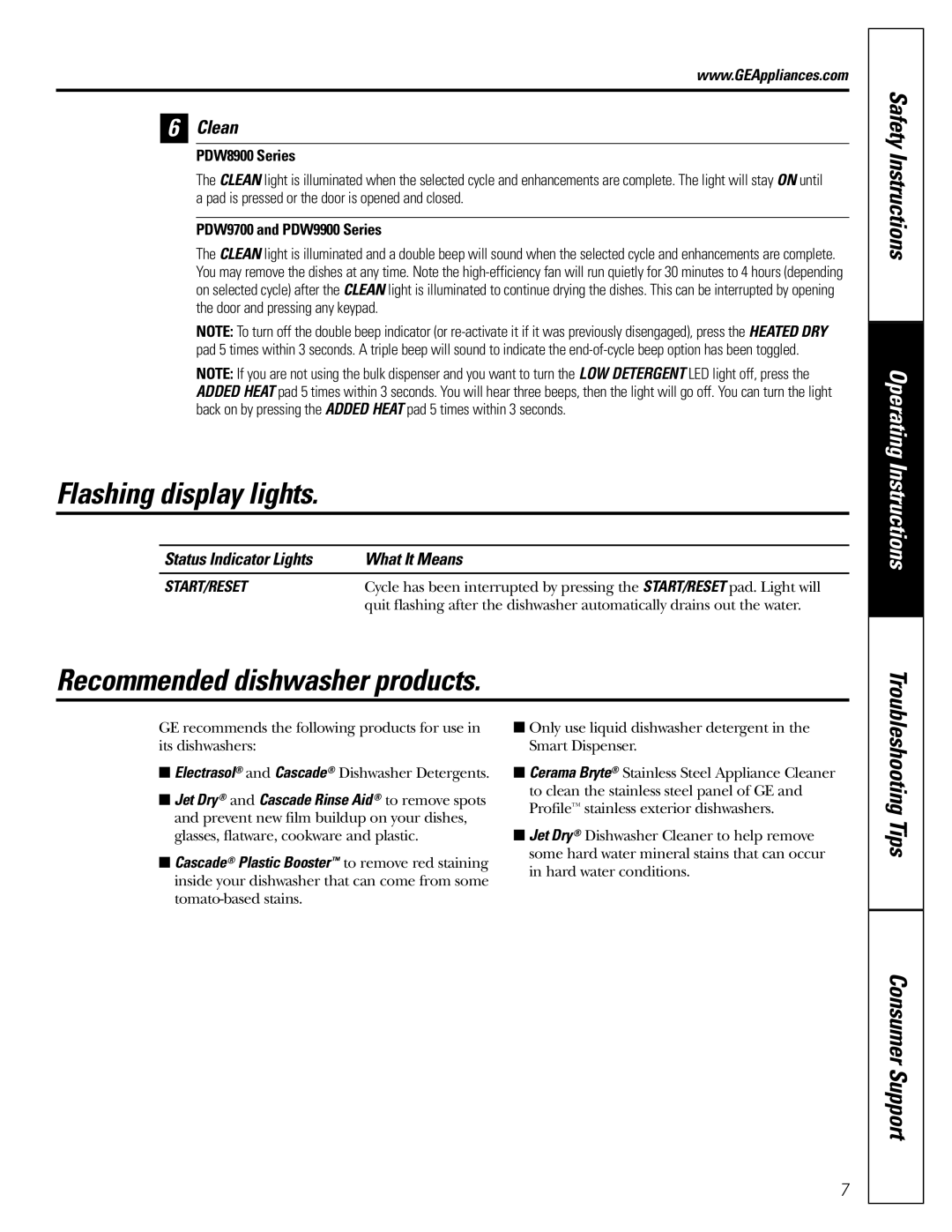 GE PDW8900, PDW9700 Flashing display lights, Recommended dishwasher products, Clean, Status Indicator Lights What It Means 