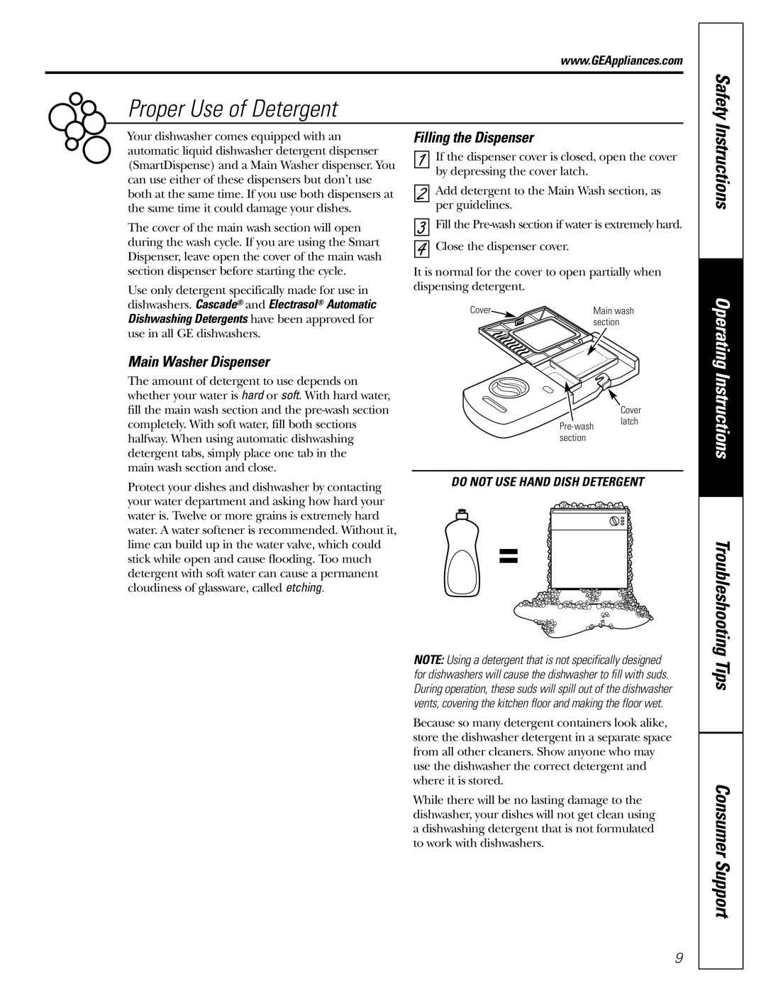 GE PDW9700, PDW8900, PDW9900 Proper Use of Detergent, Safety, Instructions, Main Washer Dispenser Filling the Dispenser 