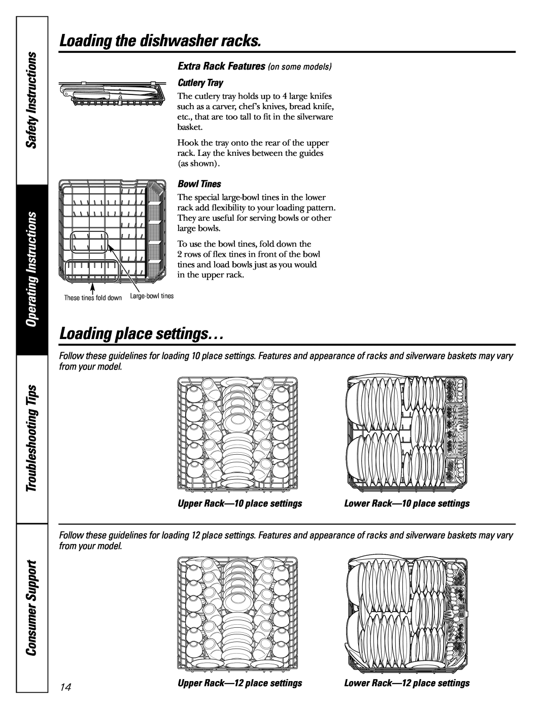 GE PDW9900 Loading place settings…, Extra Rack Features on some models, Cutlery Tray, Bowl Tines, Safety Instructions 