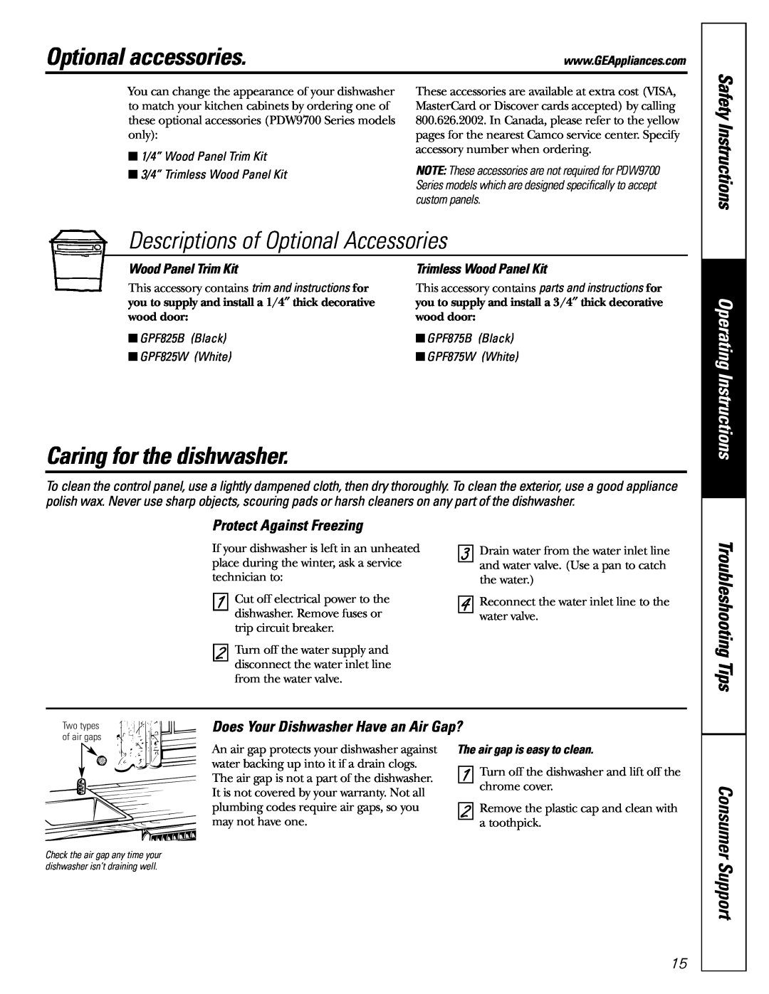 GE PDW9700 Optional accessories, Descriptions of Optional Accessories, Caring for the dishwasher, Safety Instructions 