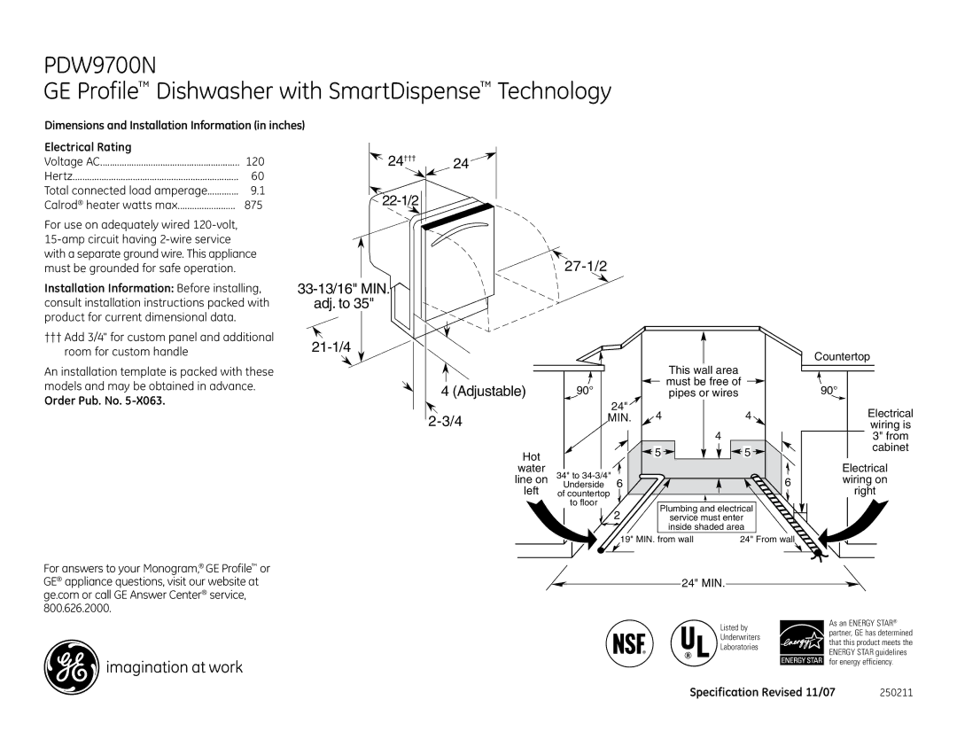 GE dimensions PDW9700N GE Profile Dishwasher with SmartDispense Technology 