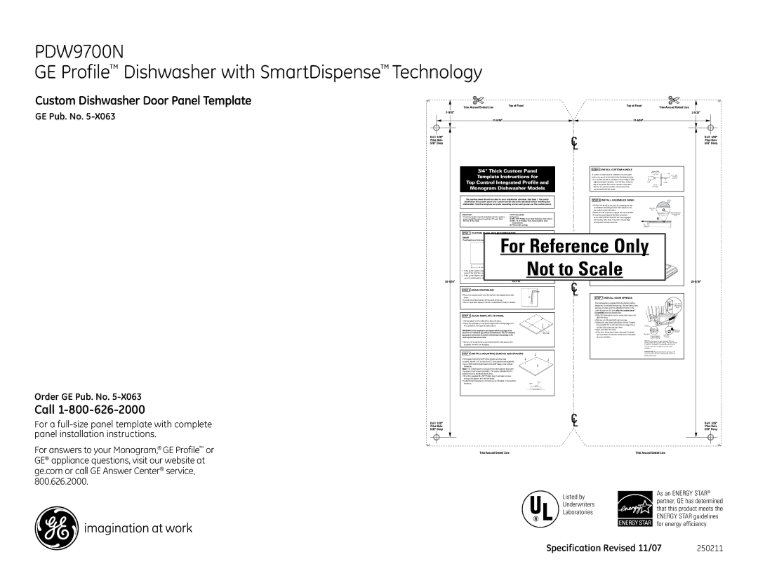 GE PDW9700N Install Custom Handle, Install Assembled Panel, Custom Panel Size Requirements Height, Draw Centerline 